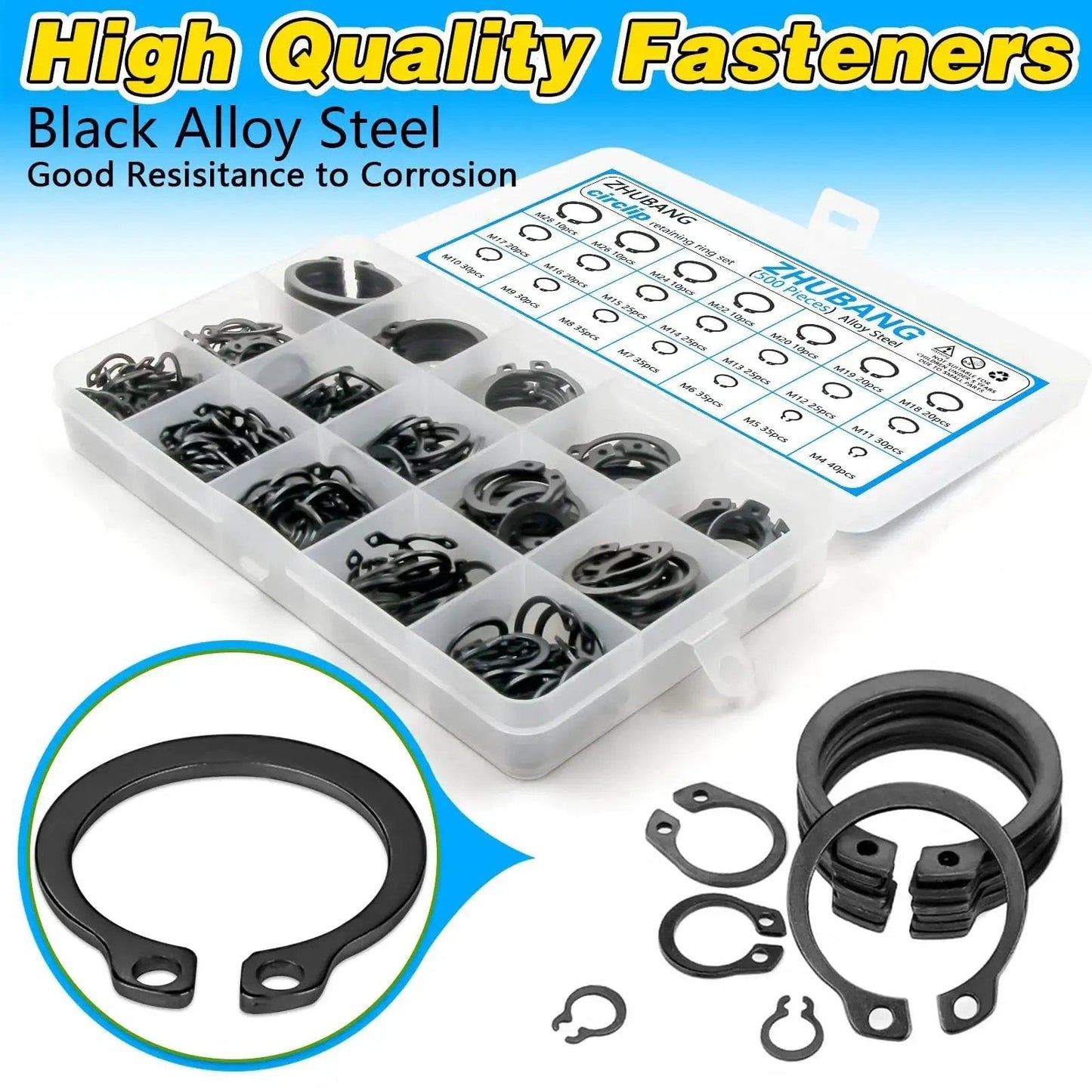 All In One C Clip And E Clip Retaining Ring Kit With 800 Pieces External Circlip Assortment M4 To M28 Alloy Steel Kit Display