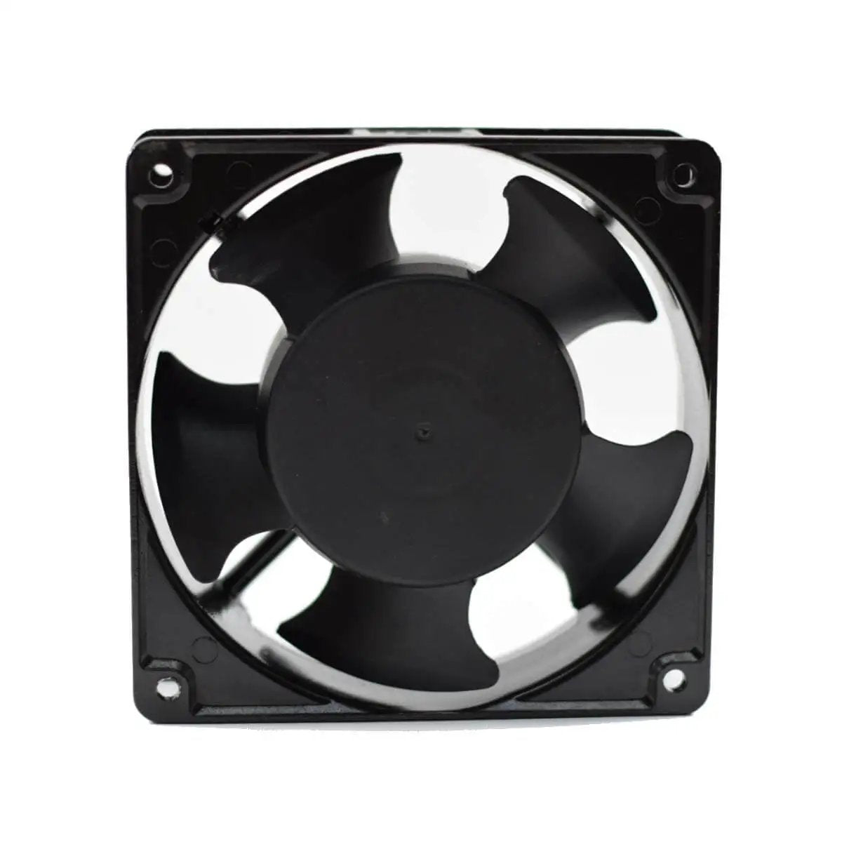 Square 4x4 Inch Aluminum Die Cast Exhaust Fan Panel Mount In Black with PBT impeller, front view for home, workshop, or office.