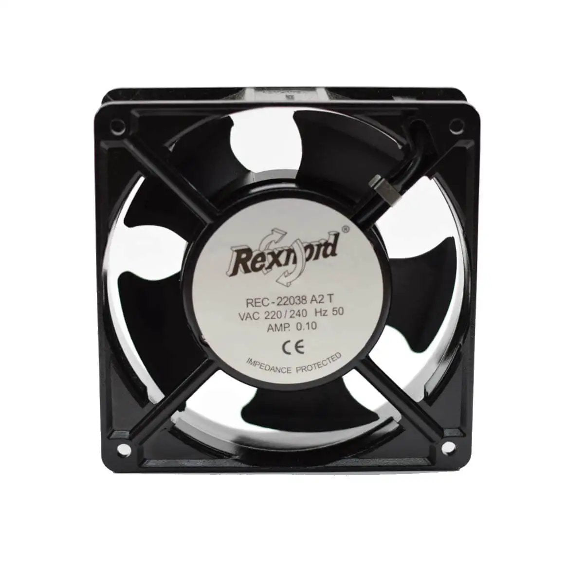 Square 4x4 Inch Aluminum Die Cast Exhaust Fan Panel Mount in black with 22038 A2 T model PBT impeller, front view.