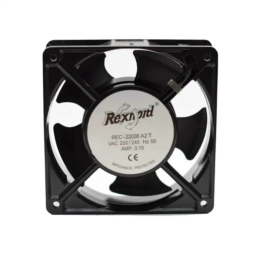 Square 4x4 Inch Aluminum Die Cast Exhaust Fan Panel Mount in black with 22038 A2 T model PBT impeller, front view.