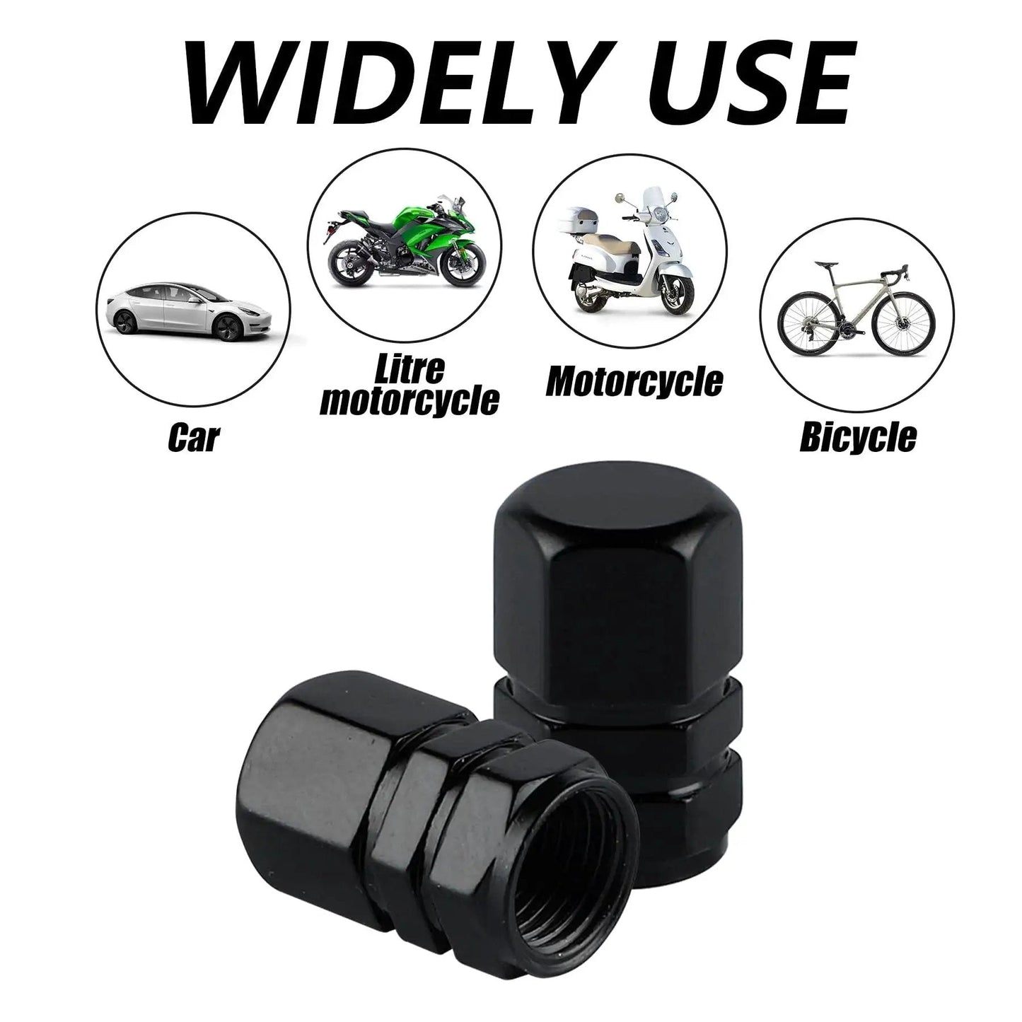 Aluminum Tire Stem Valve Caps Hexagon Shape Dustproof Wheel Valve Covers 4 Pieces Universal For SUV Car Bike Motorcycle, black finish.