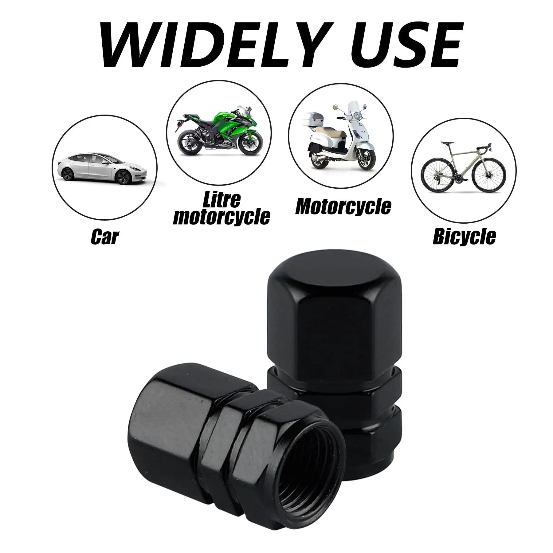 Aluminum Tire Stem Valve Caps Hexagon Shape Dustproof Wheel Valve Covers 4 Pieces Universal For SUV Car Bike Motorcycle, black finish.