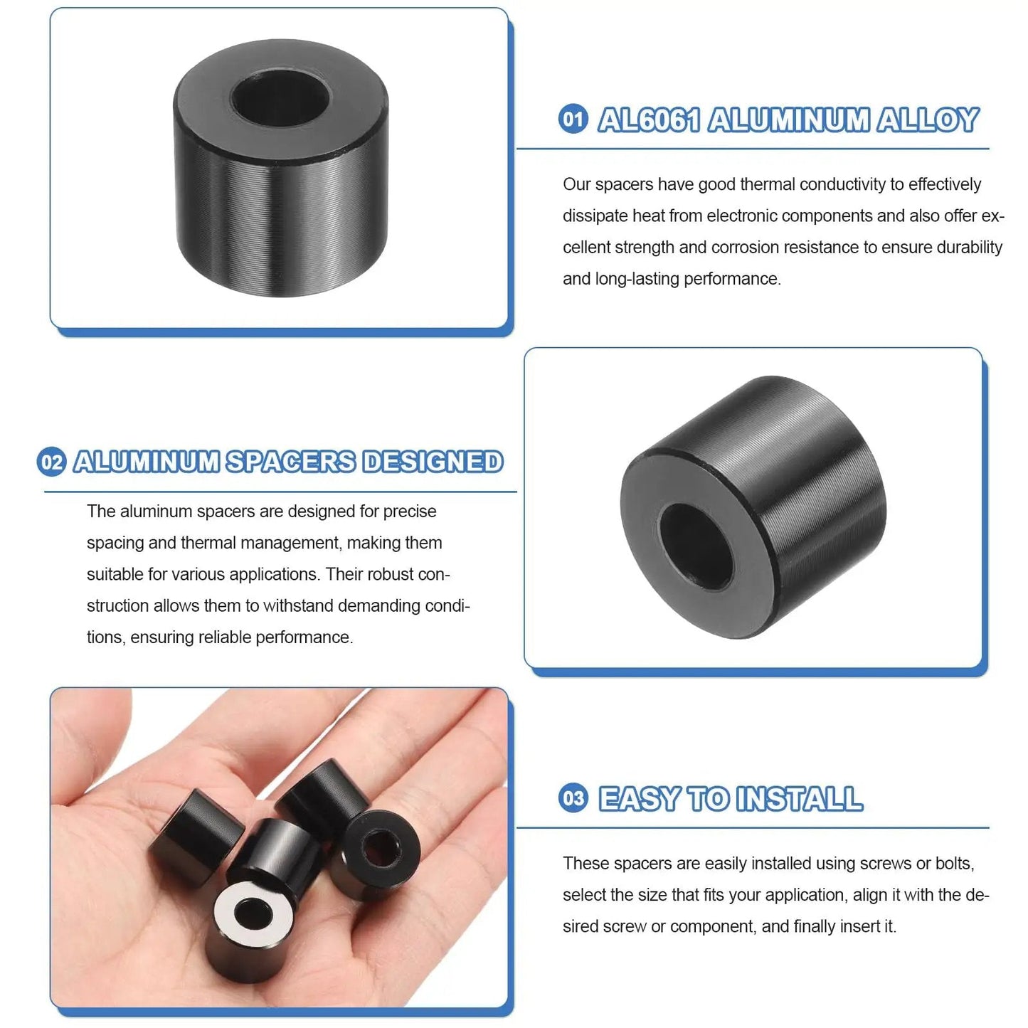 Ten Piece Aluminum Spacer Set One Quarter Inch Bore Five Eighths Inch OD One Half Inch Length Black Anodized Round Unthreaded Standoff Bushings For Do It Yourself Projects And Electronics Durable Corrosion Resistant displayed with hand and close-up views