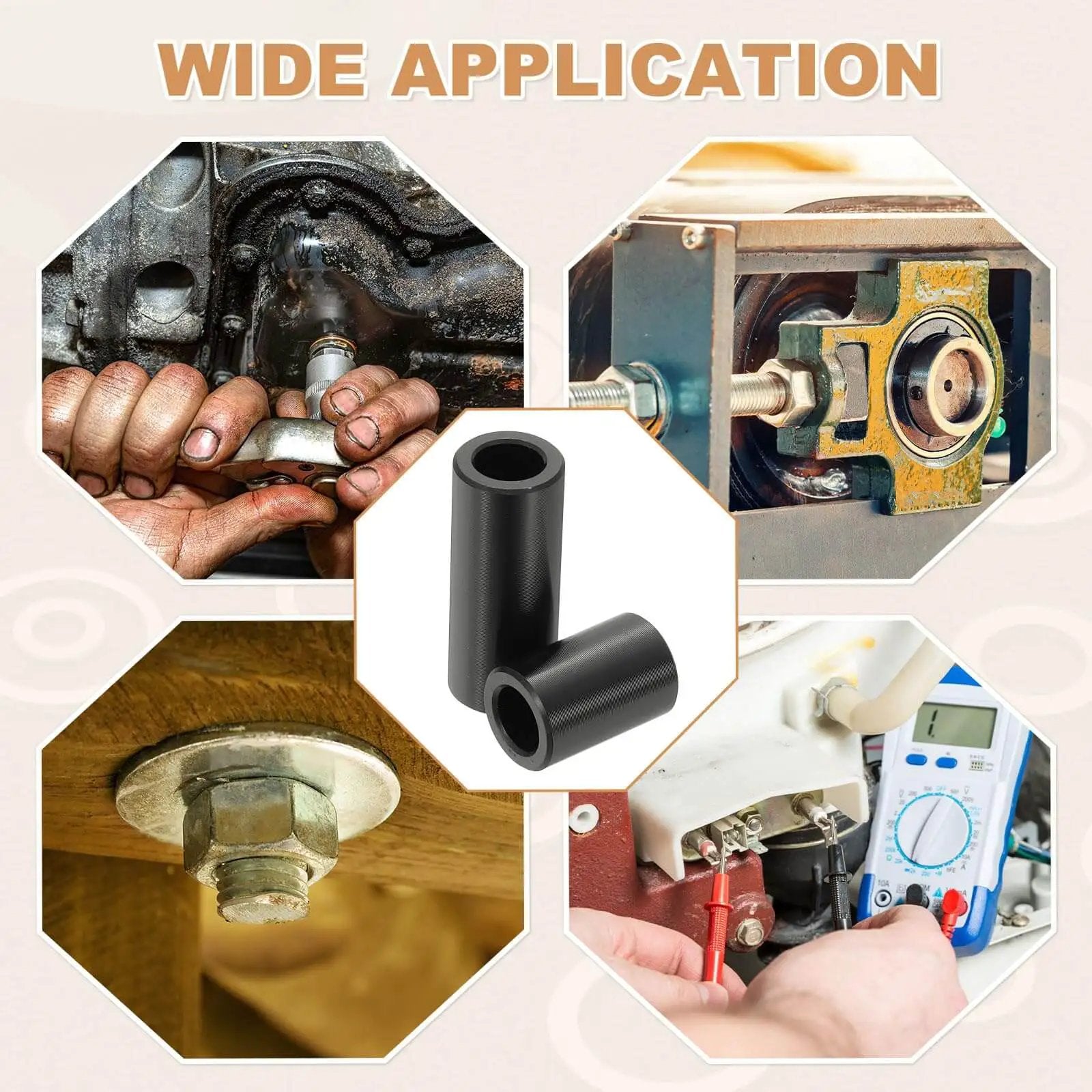 Six Piece Aluminum Spacers Set With Quarter Inch Inner Diameter And Half Inch Outer Diameter Three Quarter Inch Length Unthreaded Round Standoff Bushings For Quarter Inch Screws And Bolts Black Patikil image showing varied applications in automotive and electronics assembly.