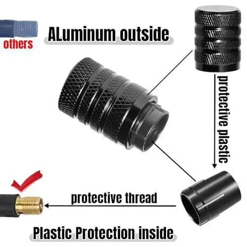 4 Piece Black Anodized Aluminum Plastic Composite Tire Valve Stem Caps With Integrated Plastic Sleeve Corrosion Resistant Diagram