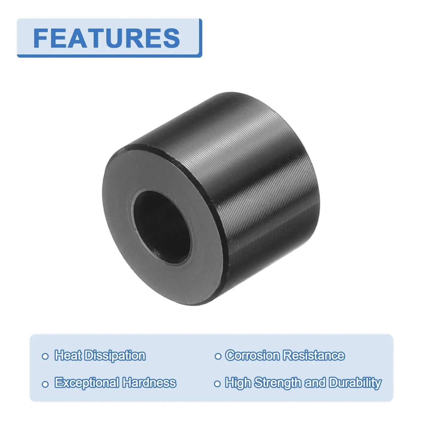 Close-up of a round black anodized aluminum spacer from Ten Piece Aluminum Spacer Set One Quarter Inch Bore Five Eighths Inch OD One Half Inch Length Black Anodized Round Unthreaded Standoff Bushings For Do It Yourself Projects And Electronics Durable Corrosion Resistant.