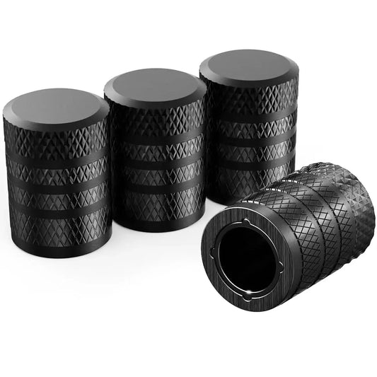 4 Piece Black Anodized Aluminum Plastic Composite Tire Valve Stem Caps With Integrated Plastic Sleeve Corrosion Resistant And Universal Fit