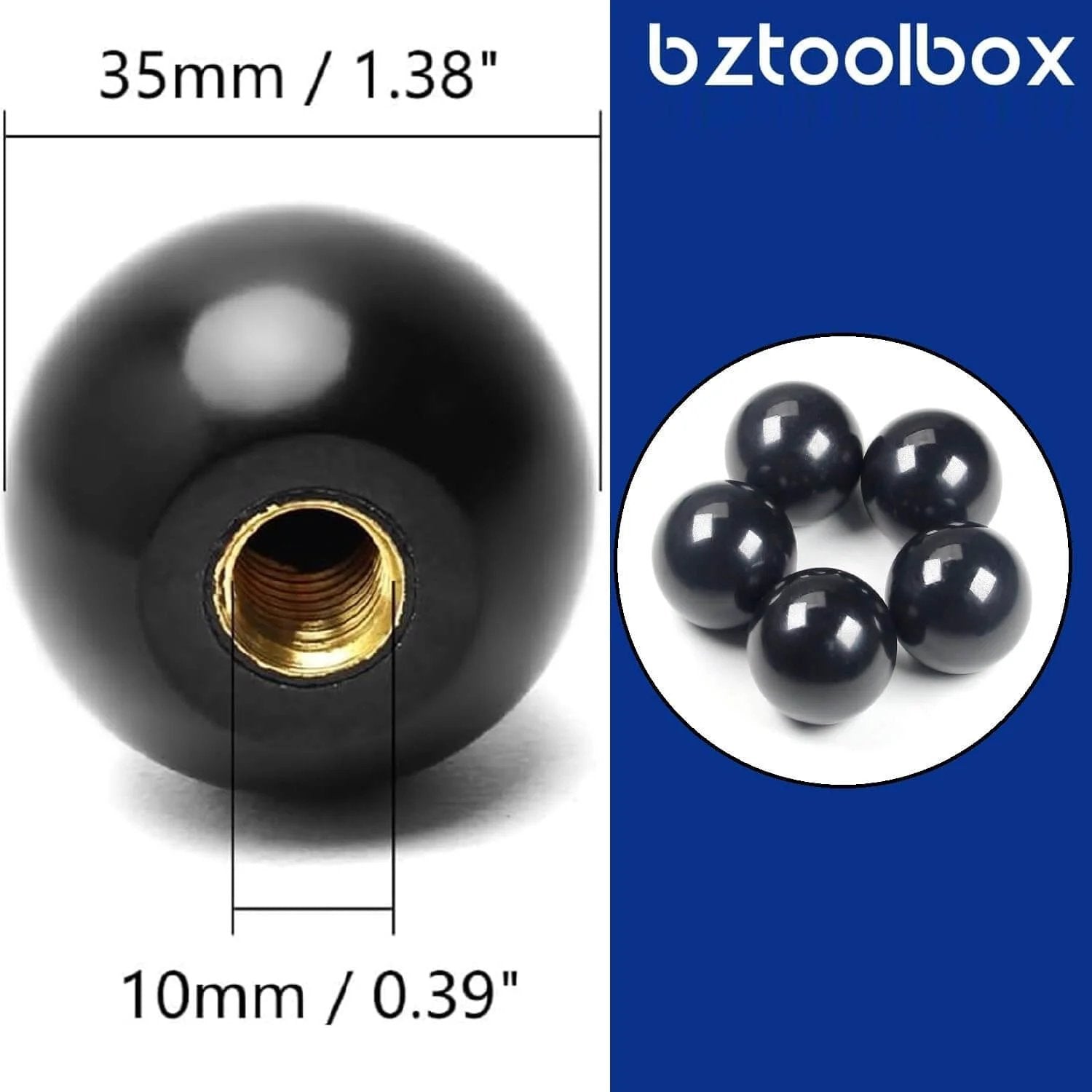 Five Pack 3/8-16 Threaded Ball Knobs For Lawn Mowers 1-3/8 Inch Diameter Bakelite Thermoset Handle Black close-up and group view
