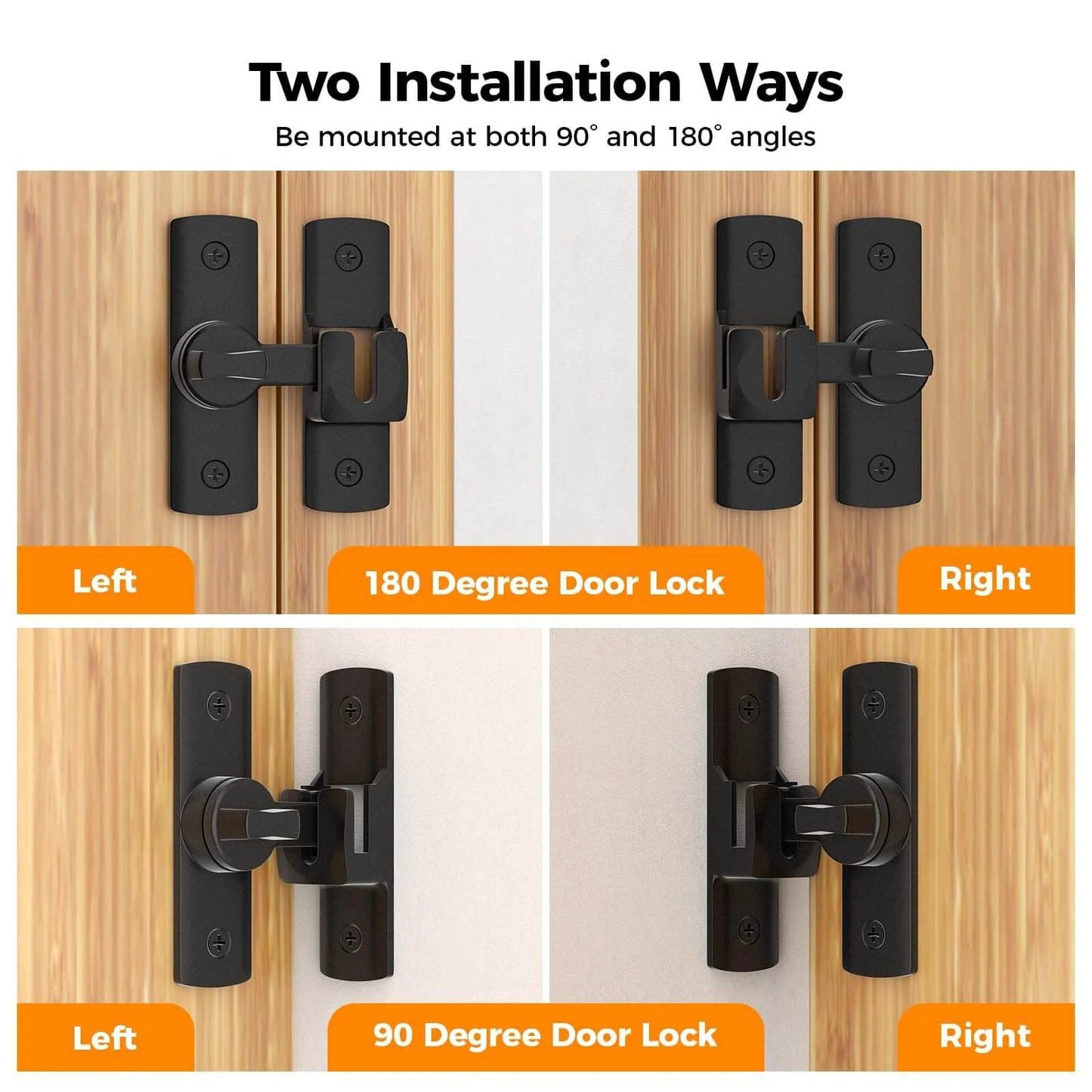 2 Pcs Degree Barn Door Latch, 180/90 Sliding Barn Door Lock installation options for cabinets, barn door, bathroom, garden doors (Black)