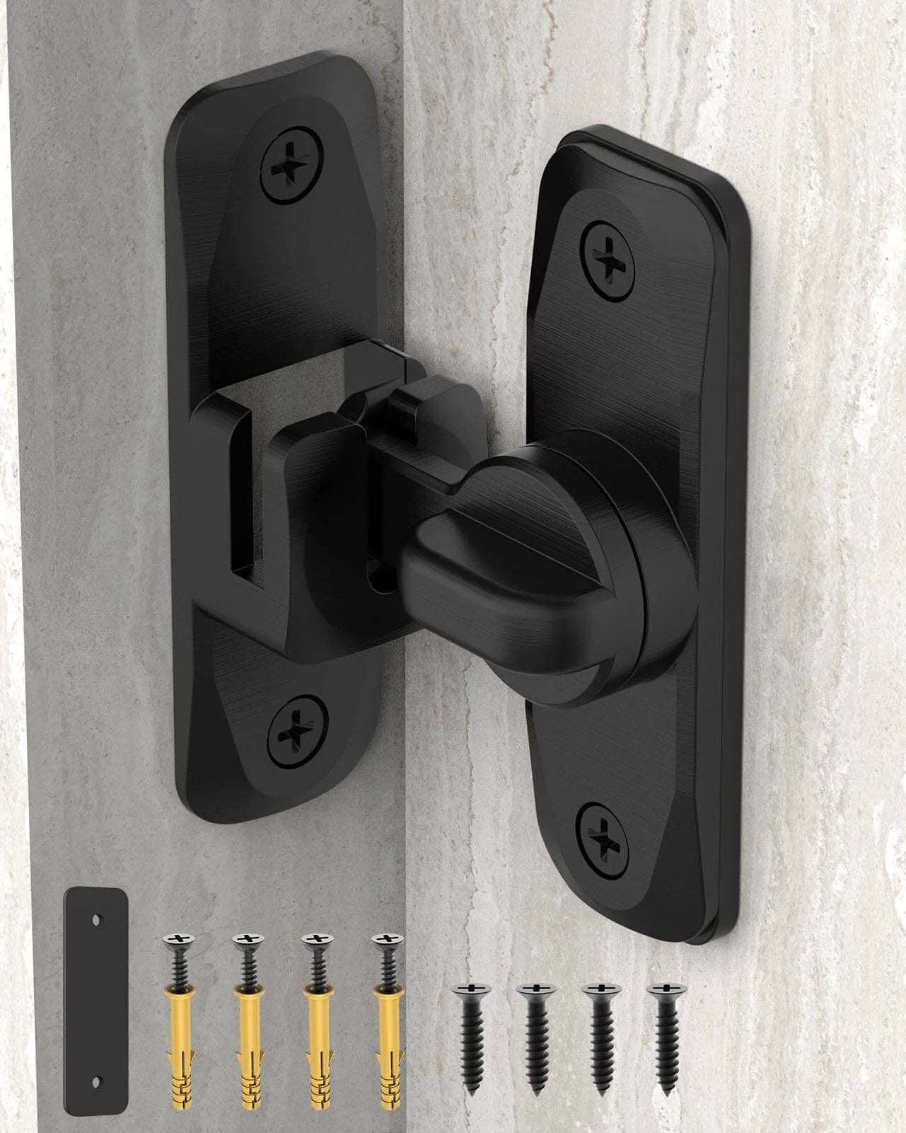 90/180 Degree Barn Door Lock, Small Flip Gate Latches Hardware, Security Sliding Door Latch Lock fo Cabinets, Barn, Bathroom, Garden (Black-1Pc) shown with installation screws