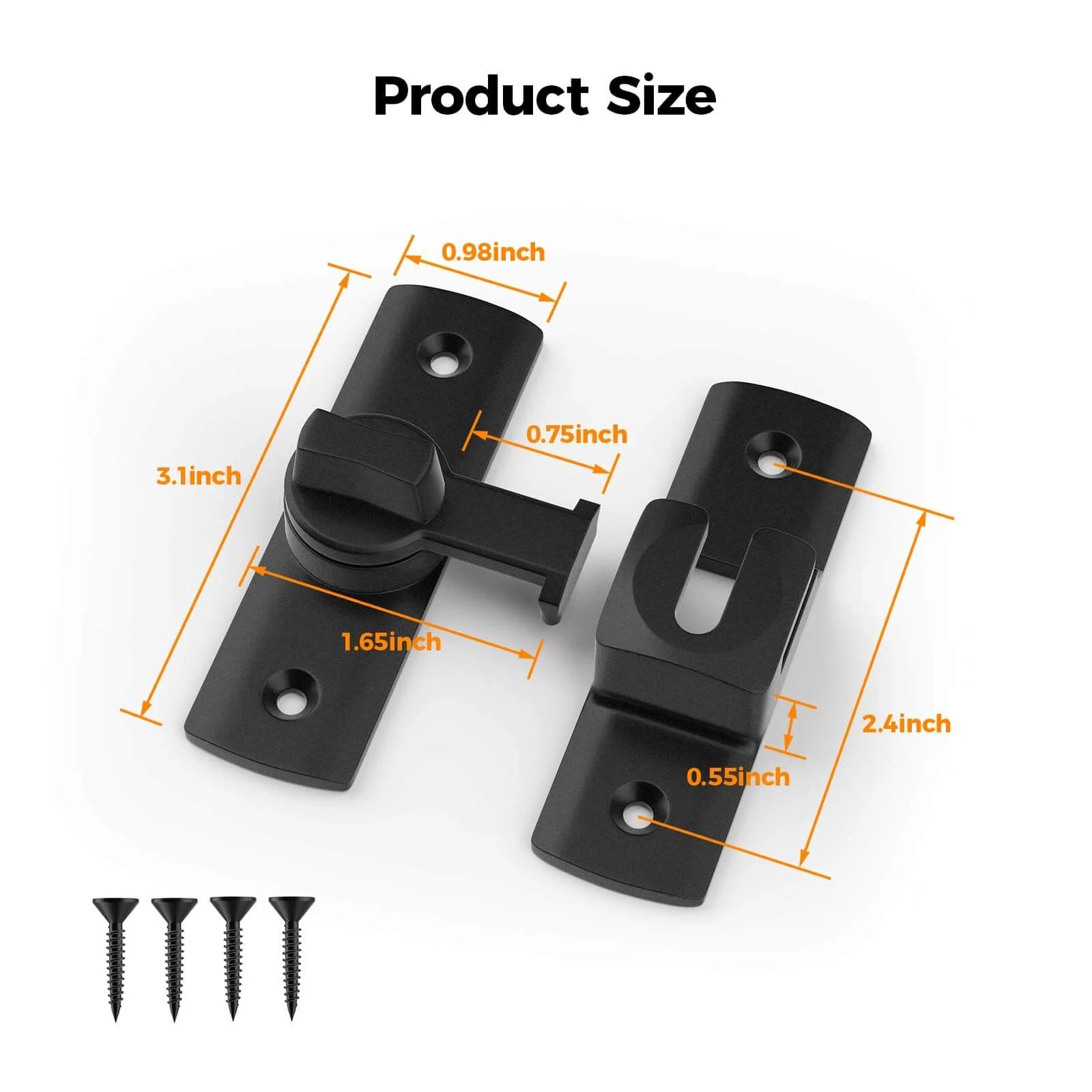 2 Pcs Degree Barn Door Latch, 180/90 Sliding Barn Door Lock dimensions and screws shown in black steel