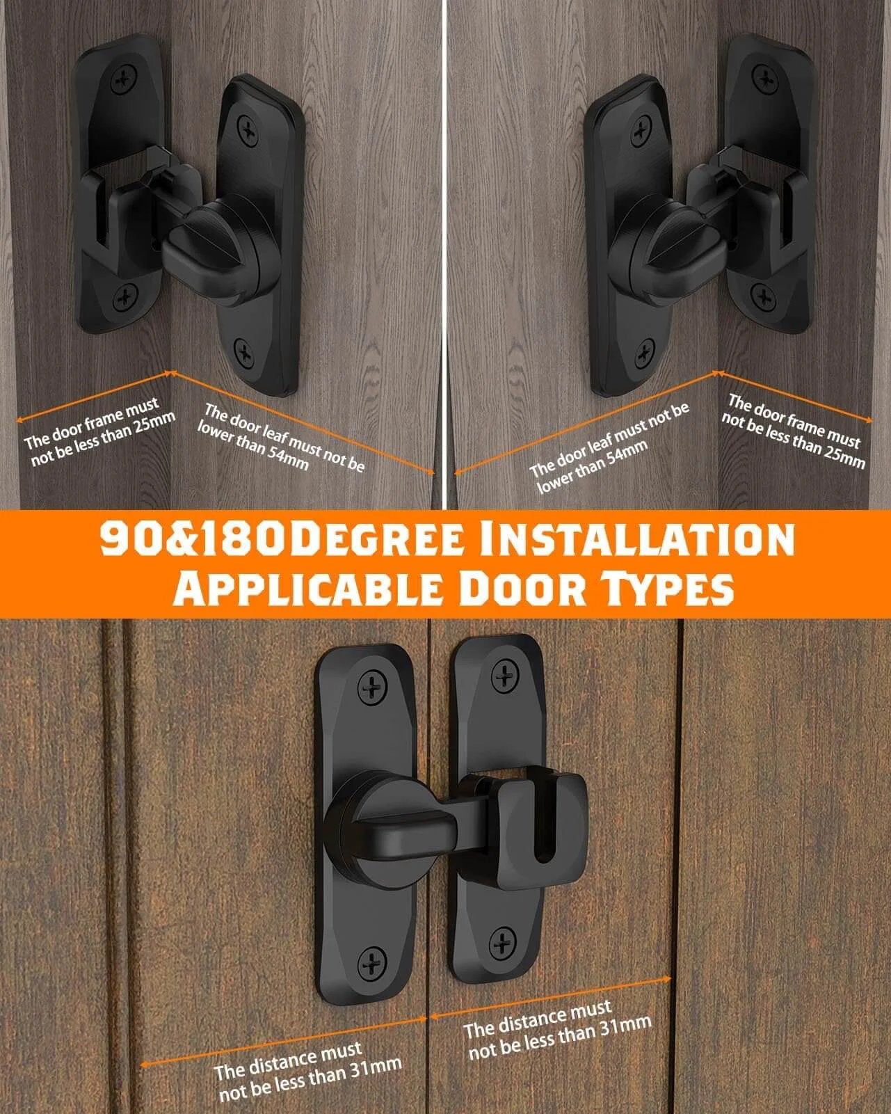 Close-up of 90/180 Degree Barn Door Lock, Small Flip Gate Latches Hardware installed on different door types, demonstrating compatibility.