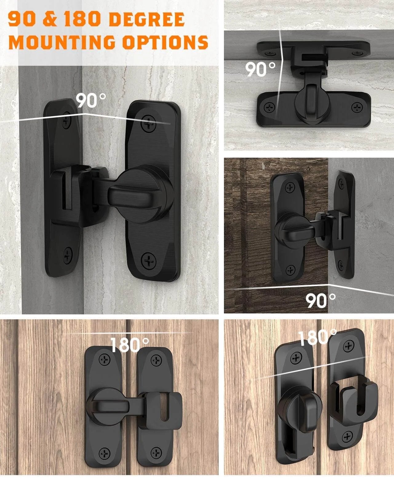90/180 Degree Barn Door Lock, Small Flip Gate Latches Hardware in black, shown in various mounting options on different surfaces