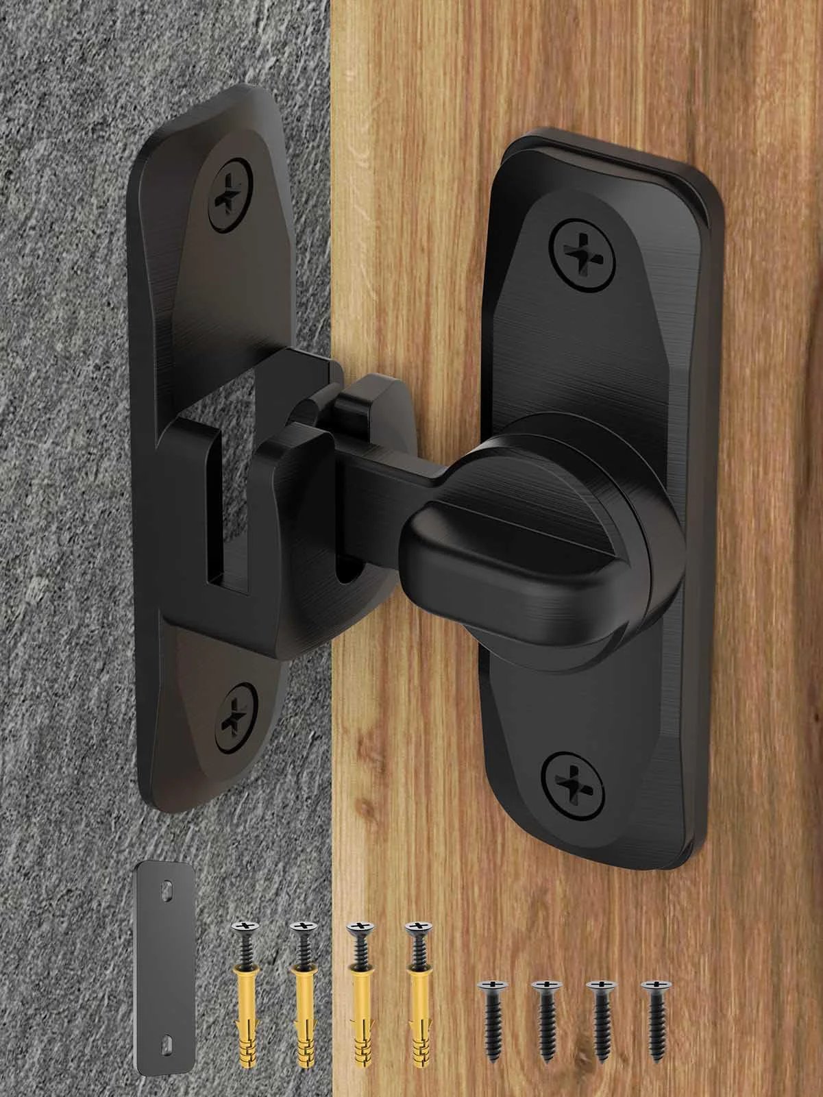 Installed 90/180 Degree Flip Barn Door Lock in black on wood with screws, providing security for barn or interior doors.