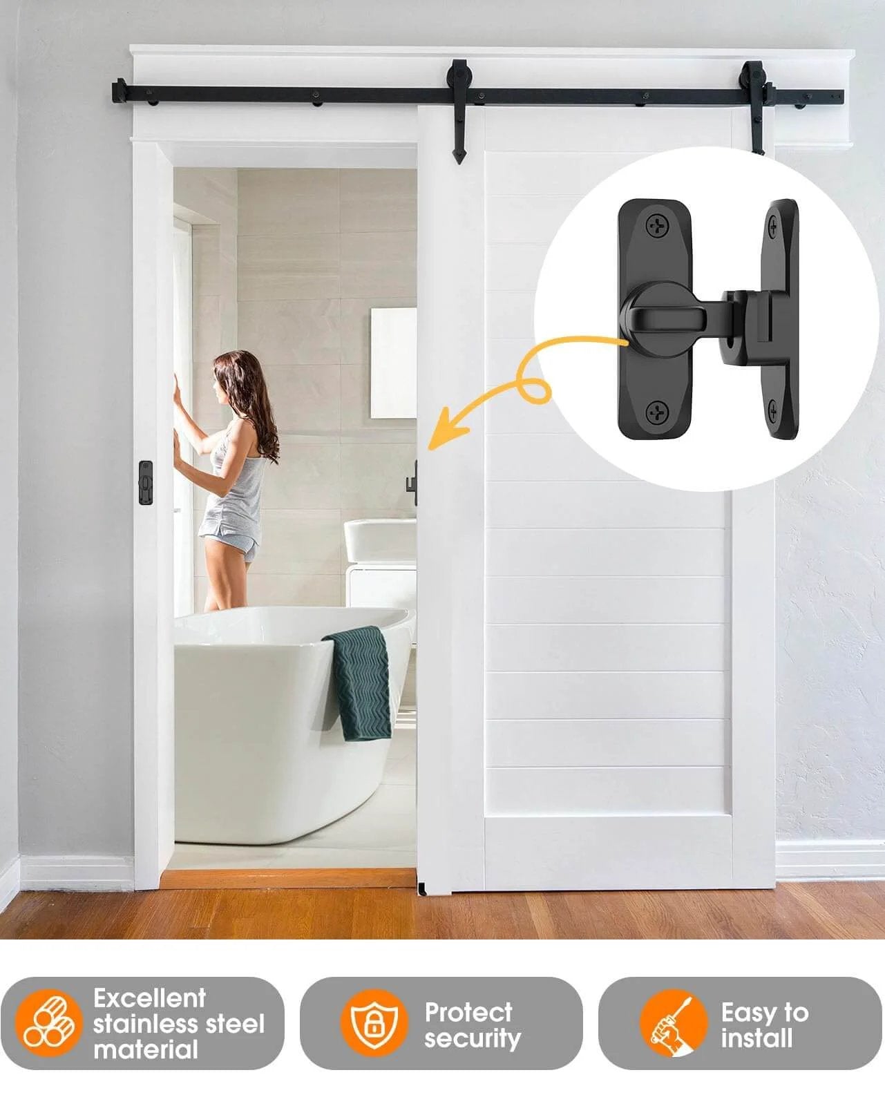 Sliding barn door with black 90/180 Degree Barn Door Lock installed in a bathroom, showing security latch and smooth operation.