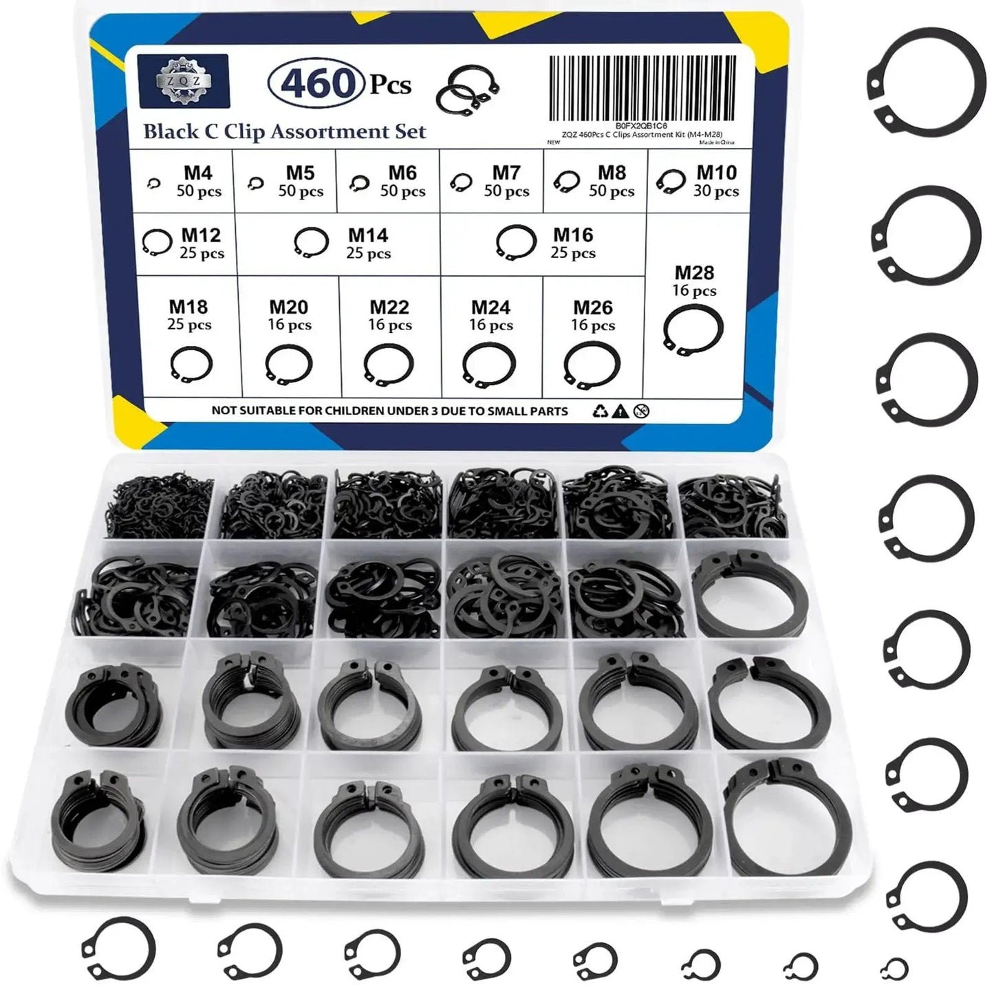Ultimate C Clip Assortment Kit With 15 Sizes M4 To M28 In BlackCarbon Steel External Retaining Rings 460 Pieces displayed in case