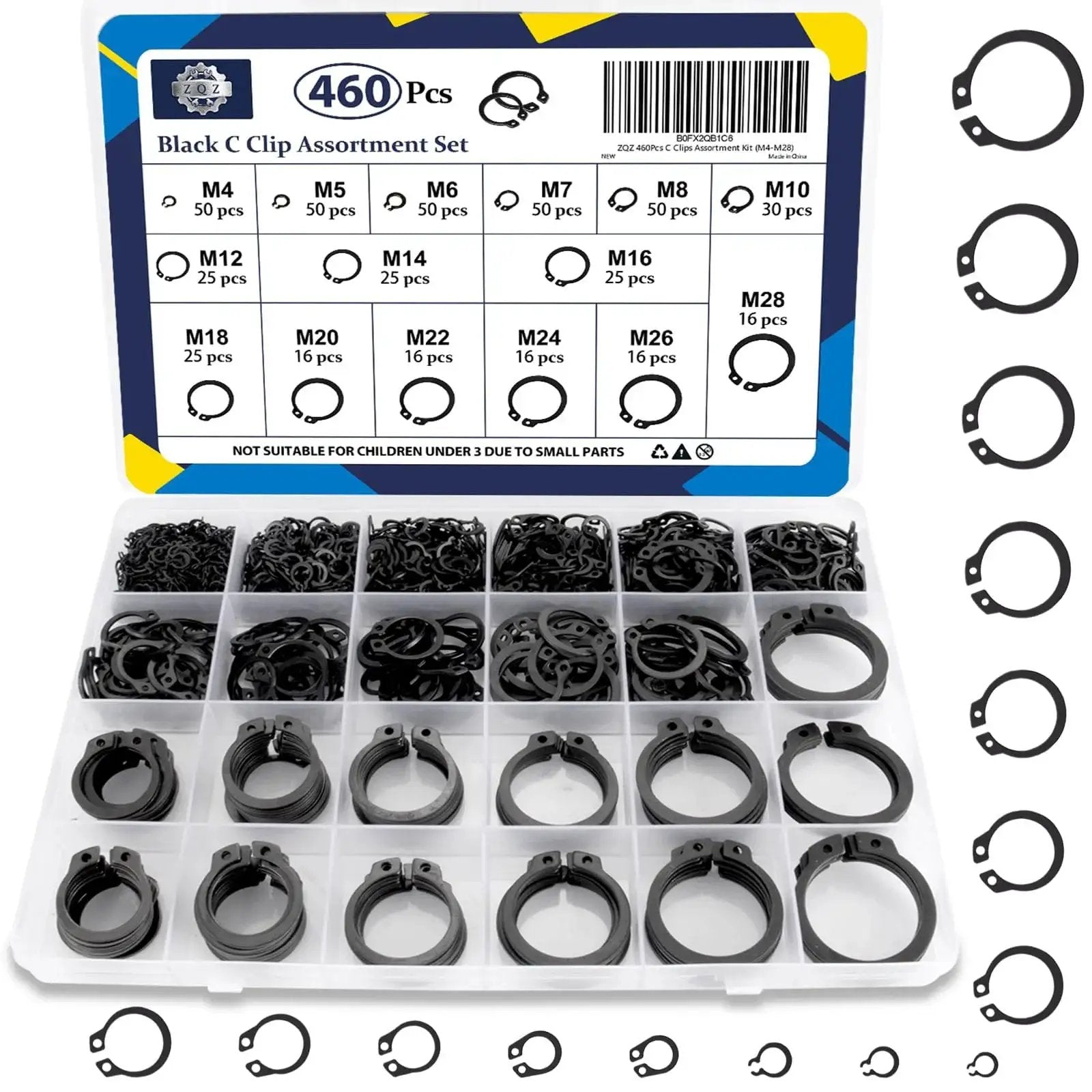 Ultimate C Clip Assortment Kit With 15 Sizes M4 To M28 In BlackCarbon Steel External Retaining Rings 460 Pieces displayed in case