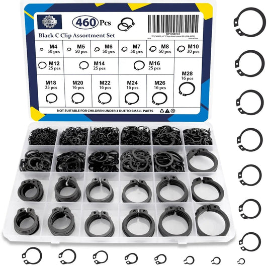 Ultimate C Clip Assortment Kit With 15 Sizes M4 To M28 In BlackCarbon Steel External Retaining Rings 460 Pieces displayed in case