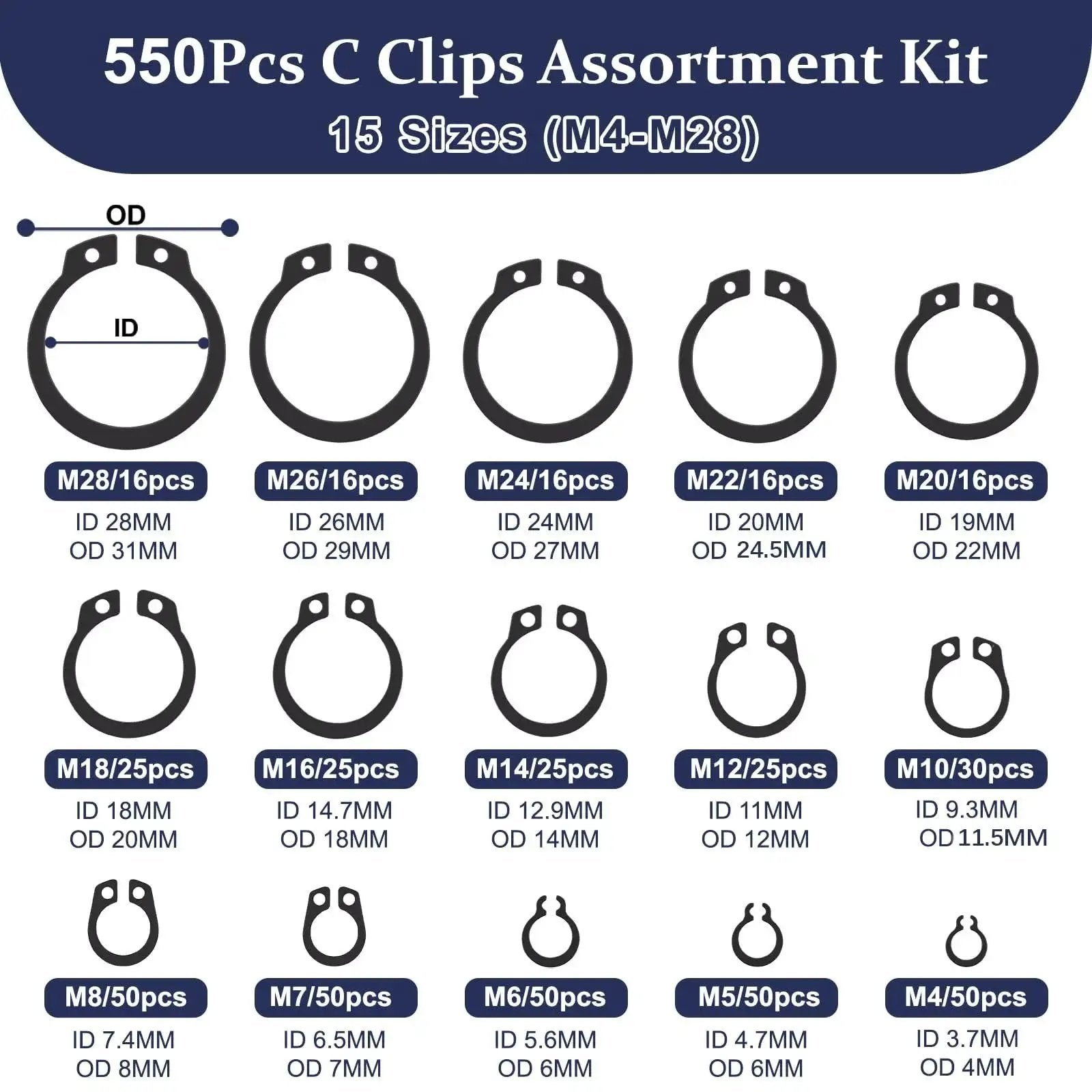 Ultimate C Clip Assortment Kit With 15 Sizes M4 To M28 In BlackCarbon Steel External Retaining Rings with sizes chart.