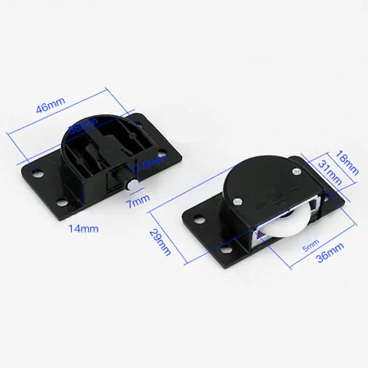 Black Sliding Cabinet Hardware Components 2 Sets With Four Sliding Door Rollers And Nylon Pulley And Mounting Screws For Wardrobe Doors And Home Furniture Fittings Made From Durable ABS And Nylon, with dimensions shown.