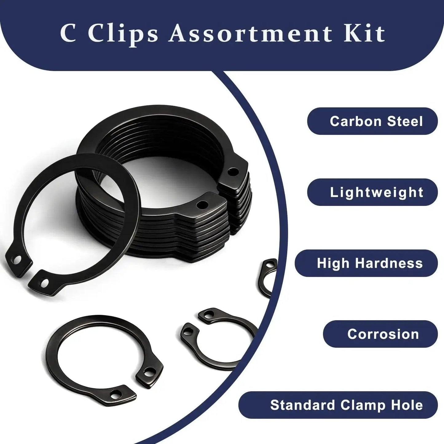 Ultimate C Clip Assortment Kit With 15 Sizes M4 To M28 In BlackCarbon Steel shown with features like lightweight and corrosion resistance.