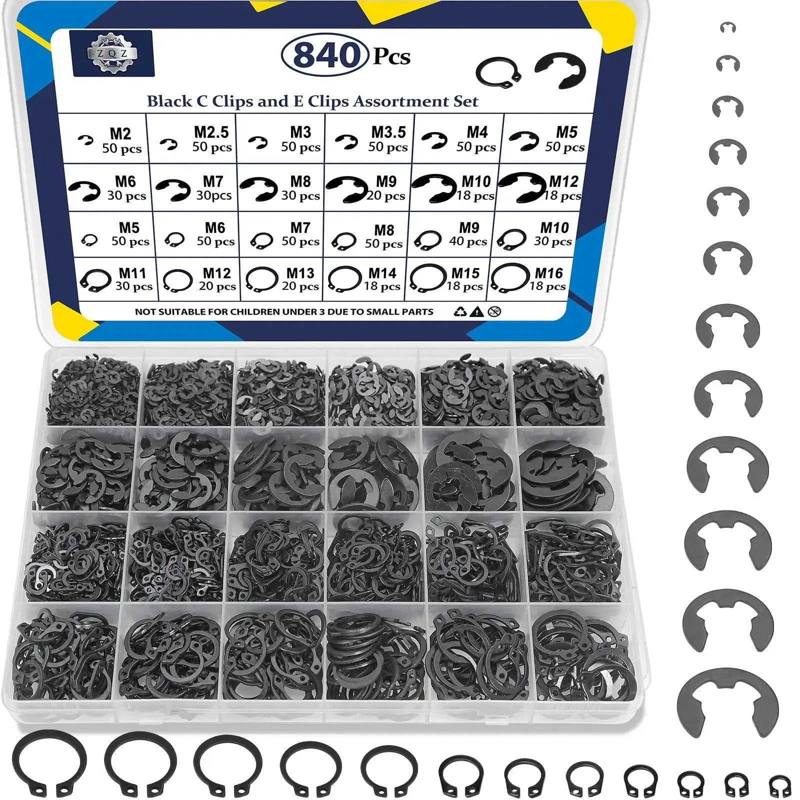 All In One C Clips And E Clips Kit For Machinery And DIY Projects ZQZ 840Pcs External Retaining Rings assortment in a plastic case
