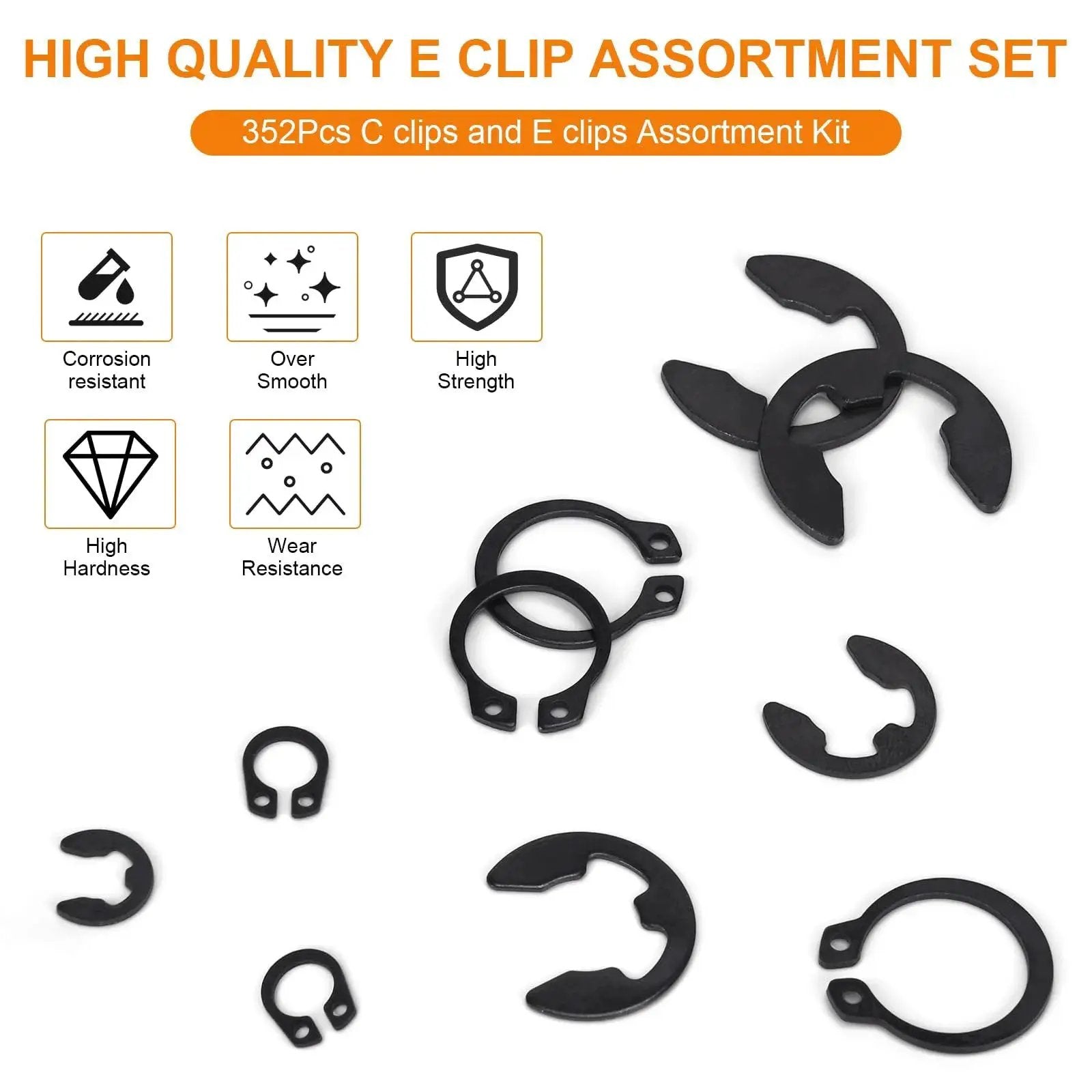 352 Piece Retaining Ring Assortment Kit With E Clips And External C Clips For DIY Projects And Repairs, black carbon steel rings display.