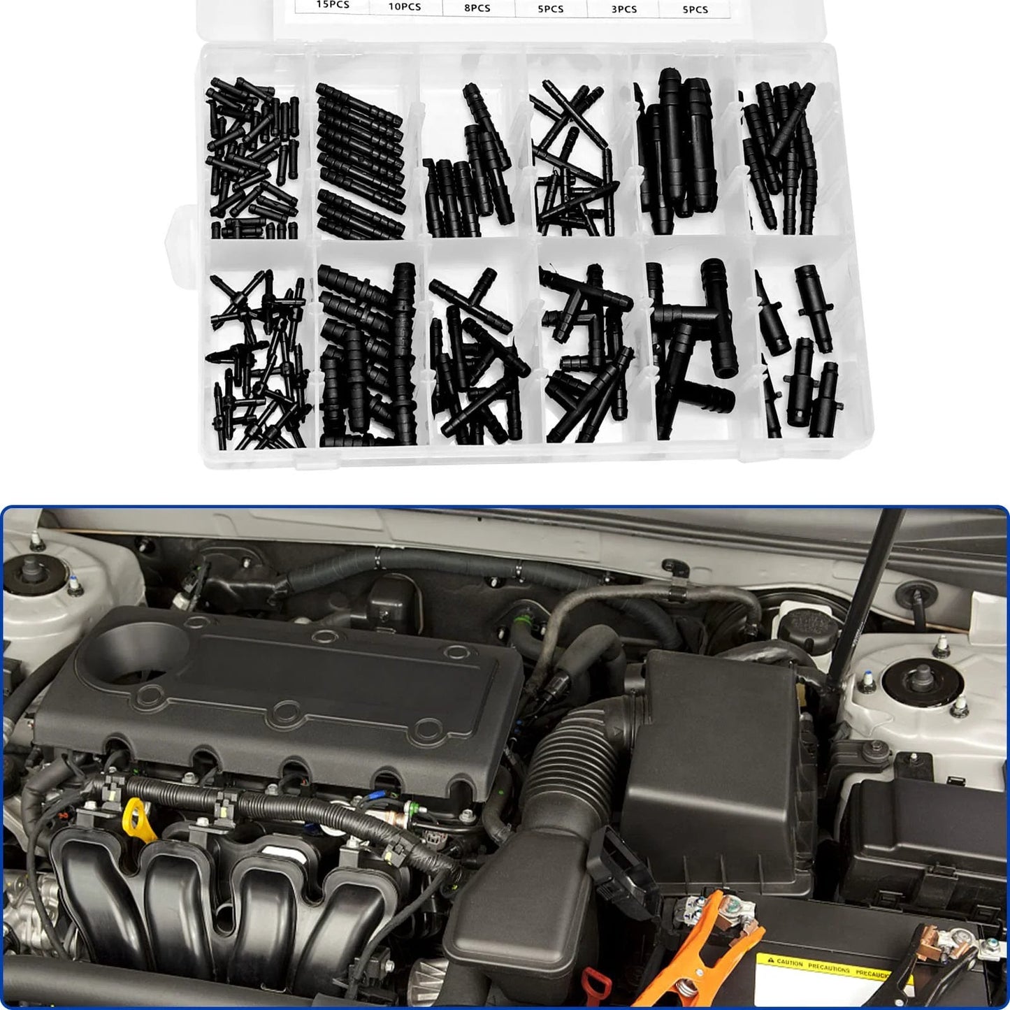 All Purpose 128 Piece Vacuum Hose Connector Kit With Nylon Barbed Tee And Straight Quick Connectors High Temperature Resistant For Automotive Vacuum Lines Pneumatic Tools Vacuum Systems Pipeline Repairs And DIY Projects 12 Sizes Included shown in storage case and installed in an engine compartment.