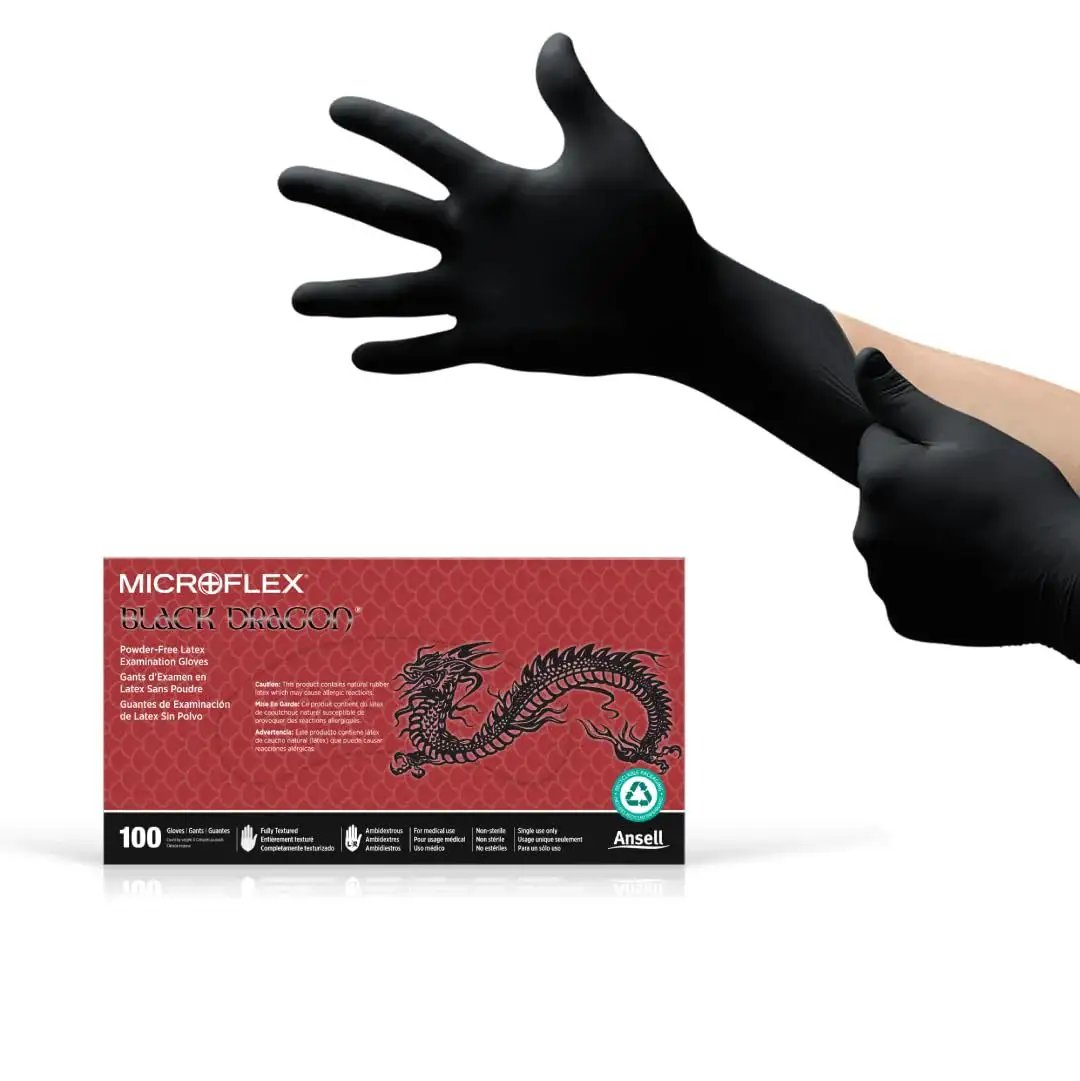 Person wearing Black Dragon 6mil Disposable Latex Gloves for Food Processing and Automotive, with packaging visible.