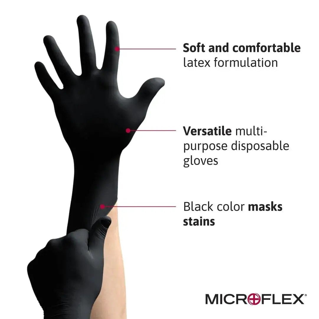 Person wearing Black Dragon 6mil Disposable Latex Gloves for Food Processing and Automotive, highlighting comfort and stain-masking features.