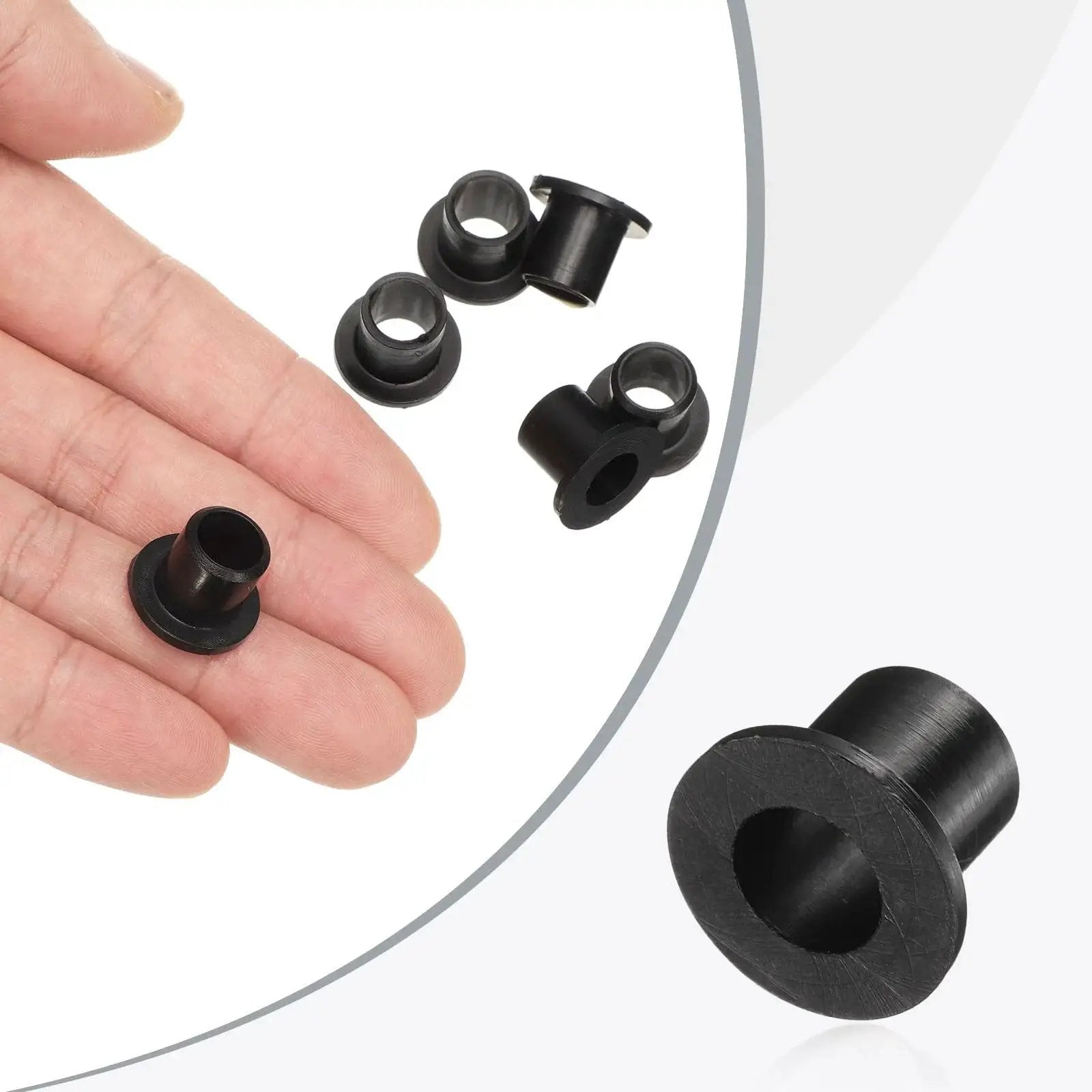 Hand holding flanged nylon sleeve bearings, black, ID 8mm, OD 10.6mm, length 12mm, pack of 24, self-lubricating bushings.
