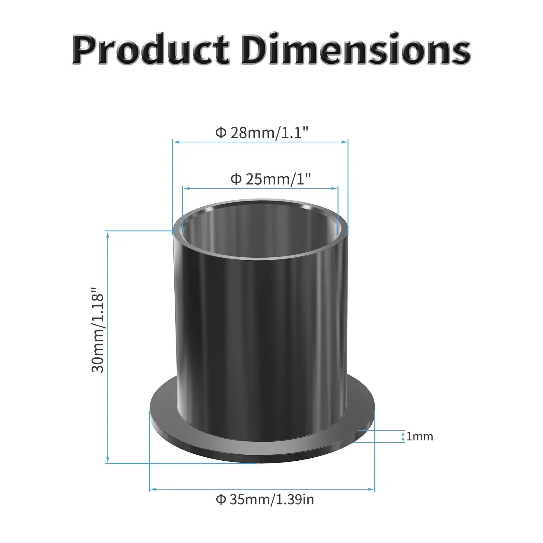 Dimensions of Four Pack POM Flanged Sleeve Bearings 25mm ID By 28mm OD By 30mm Length With 35mm Flange Diameter