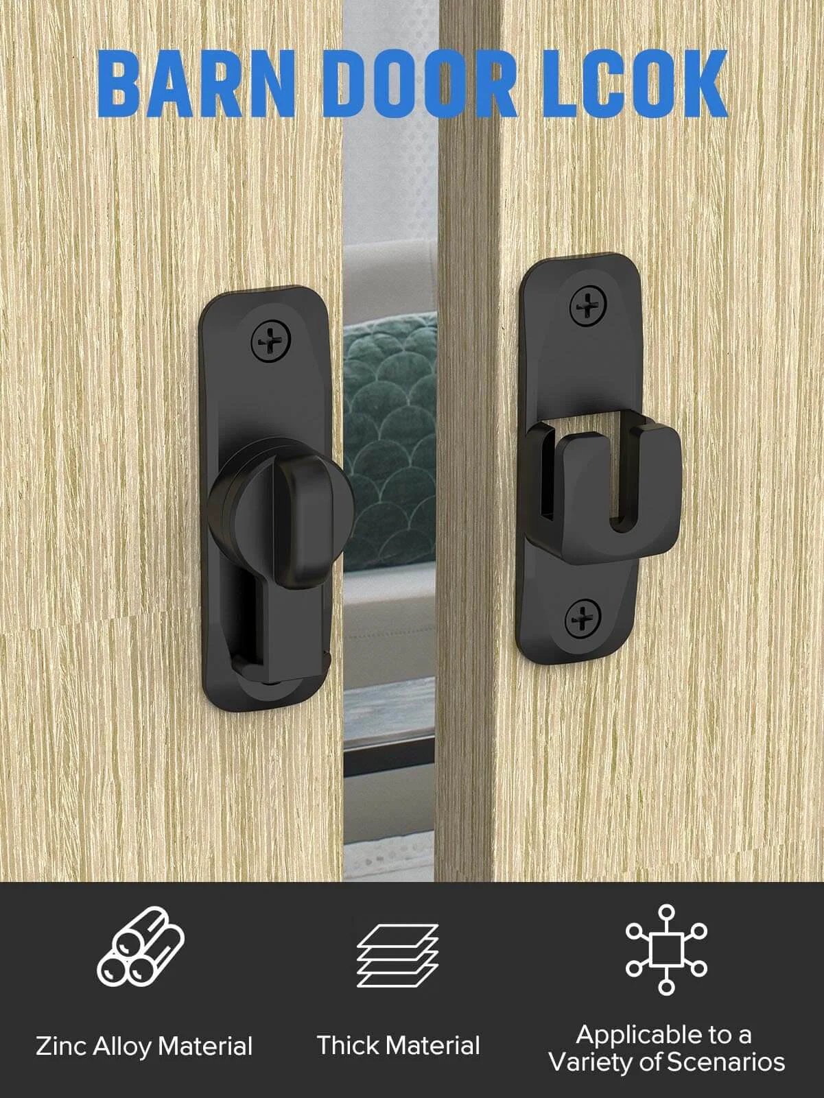 90/180 Degree Flip Barn Door Lock, Protect Privacy - Security Sliding Door Latch, Black Zinc Alloy on Wooden Door