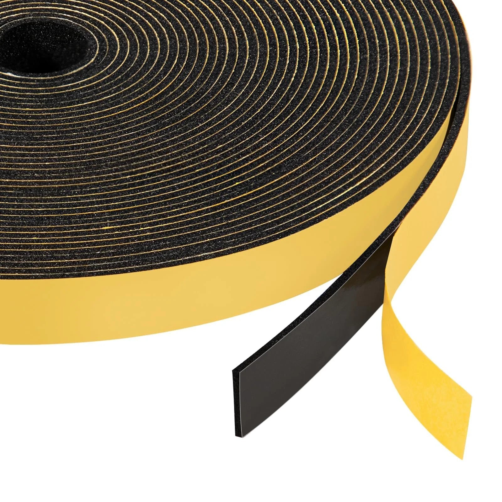 Close-up of Black Half Inch Foam Weather Stripping Tape With One Sixteenth Inch Thick Foam Thirty Three Feet Long on a roll.