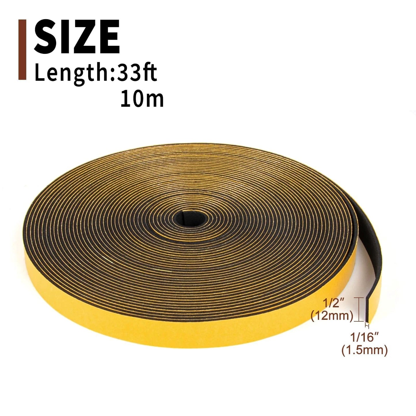 Black Half Inch Foam Weather Stripping Tape With One Sixteenth Inch Thick Foam Thirty Three Feet Long New Adhesive Craft Self Adhesive Seal Gasket For Doors Windows And Speaker Enclosures Soundproofing Noise Reduction Rattle Minimizer roll showing size and black foam material.