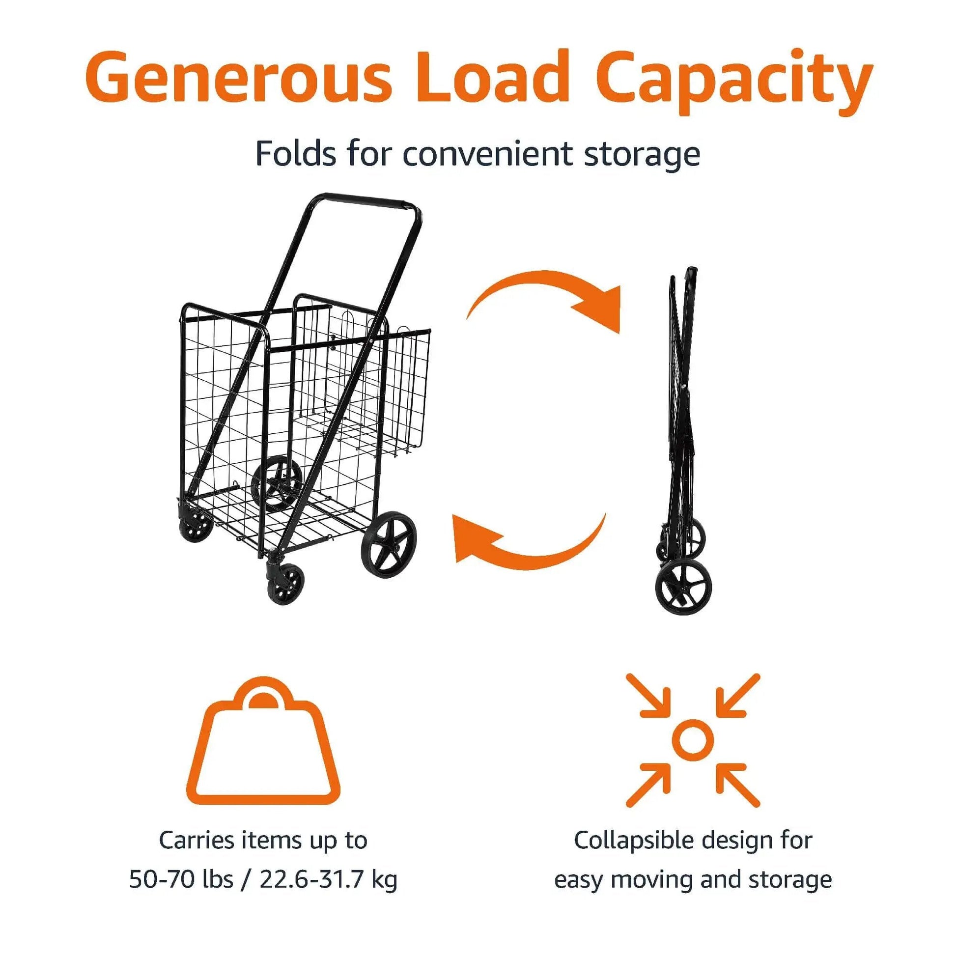 Foldable Collapsible Shopping Cart With 360 Degree Wheels To Haul Groceries And More, Extra Large Capacity, Dual Basket Design
