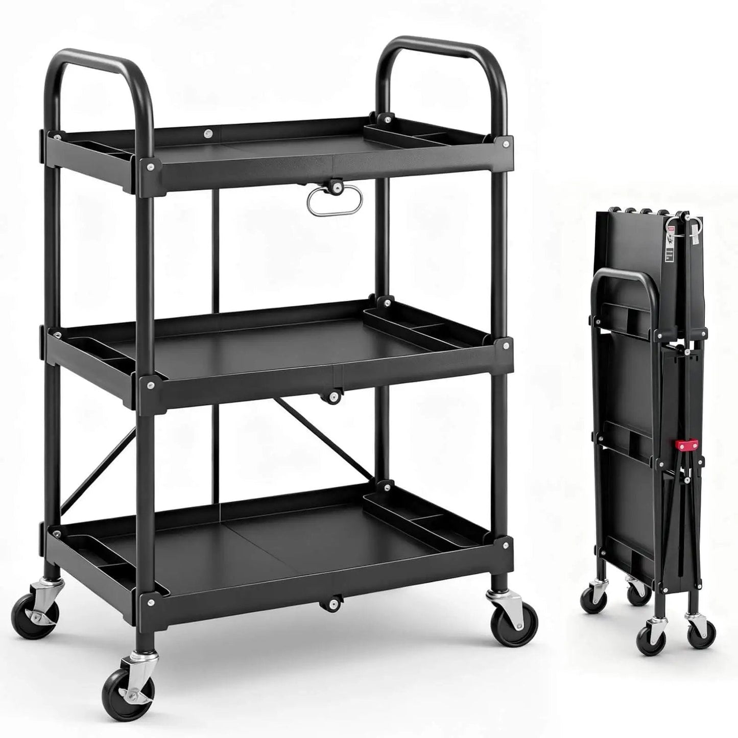 Heavy Duty Three Tier Folding Utility Cart With Four Swivel Wheels And Brakes For Kitchen Office Garage And Garden, 120 Lbs Capacity, Collapsible Rolling Storage Cart, Black From DUMOS, shown unfolded and folded