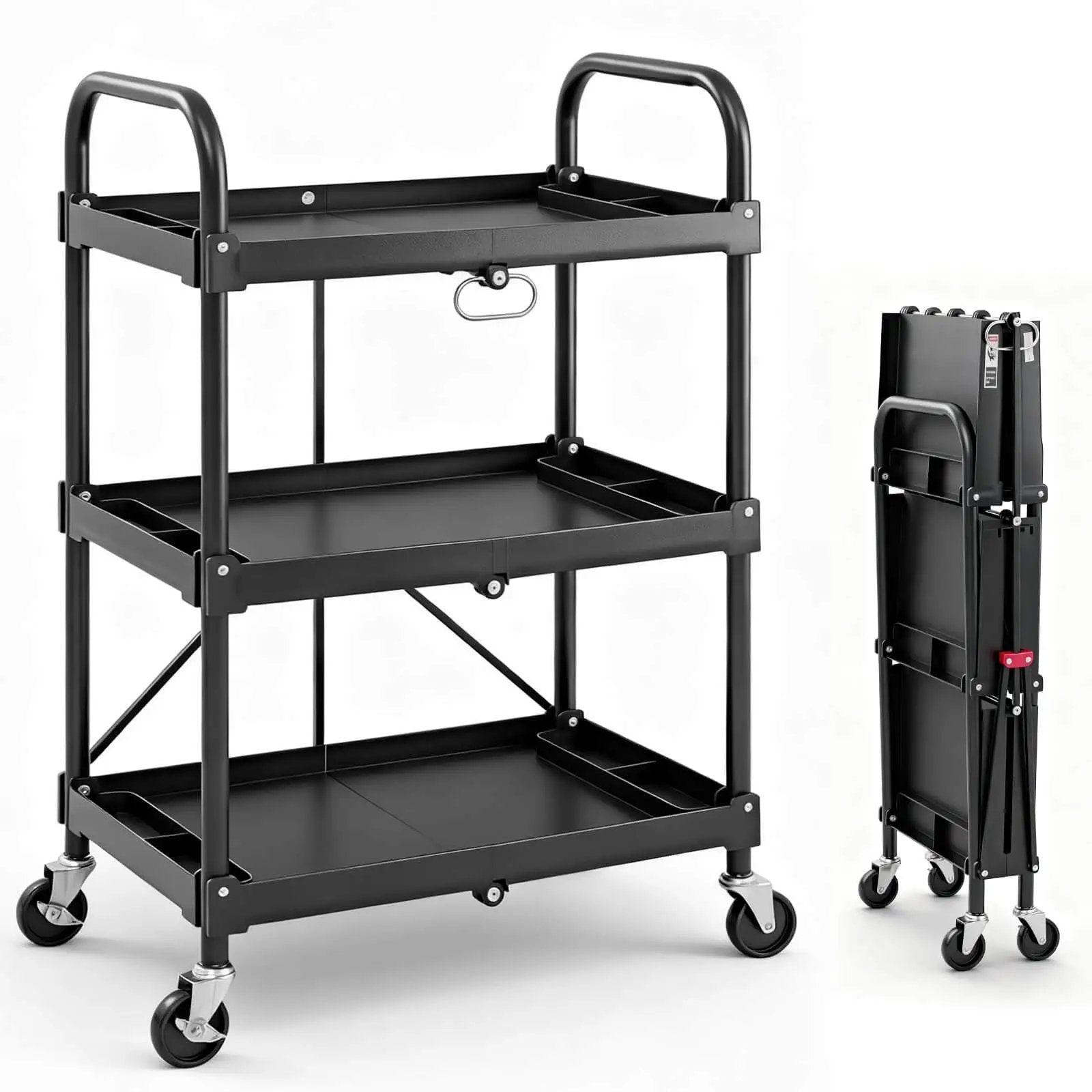 Heavy Duty Three Tier Folding Utility Cart With Four Swivel Wheels And Brakes For Kitchen Office Garage And Garden, 120 Lbs Capacity, Collapsible Rolling Storage Cart, Black From DUMOS, shown unfolded and folded