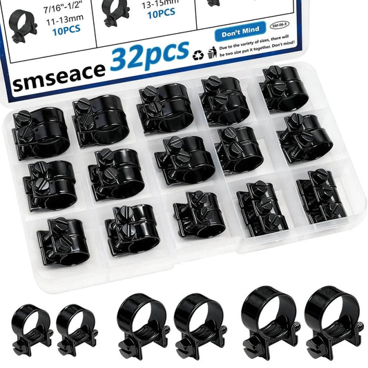 32 Piece Black Fuel Line Clamps Set for Fuel Injection Hose Clamps in One Quarter Inch Five Sixteenth Inch and Three Eighth Inch Sizes shown in a plastic organizer box.
