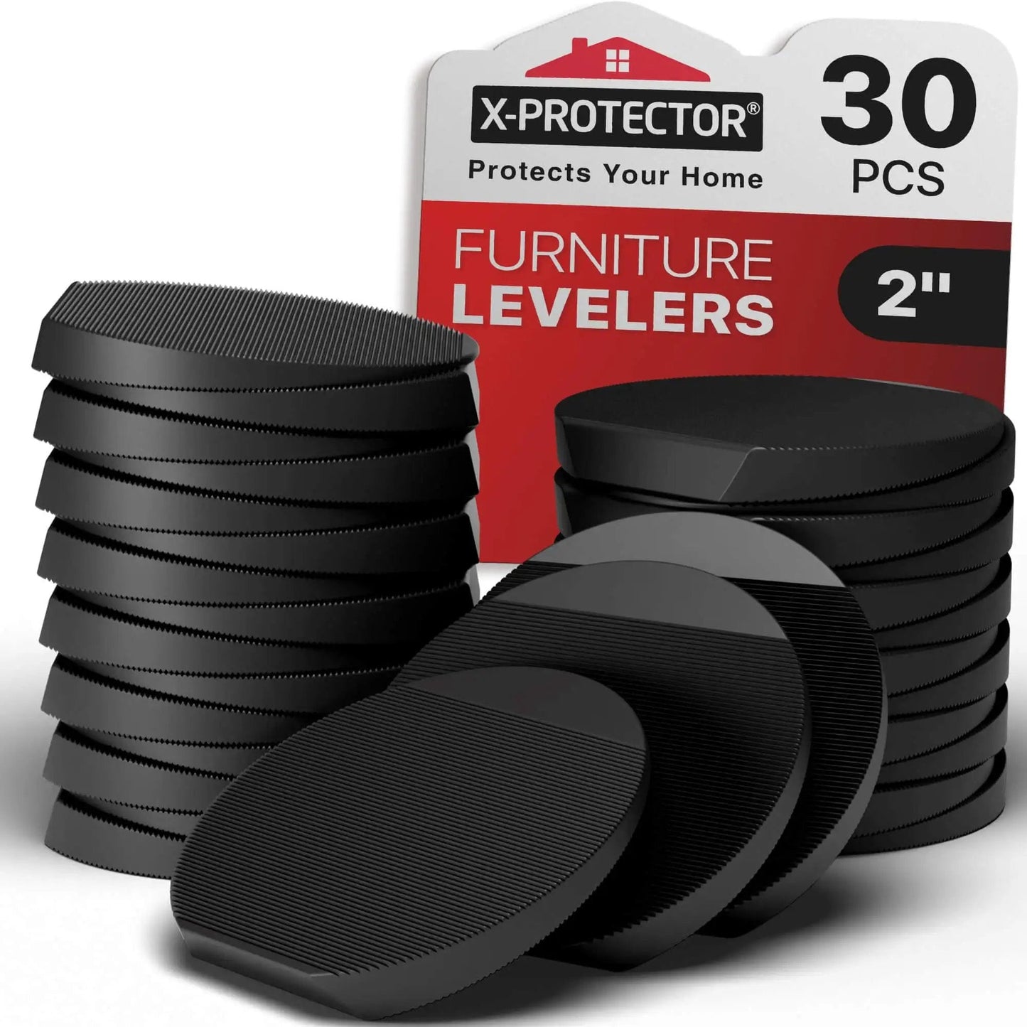 Wobble Proof Furniture Leveler Set, 30 Pack 2 Inch Black Rubber Shims For Leveling, visible in packaging and stacked