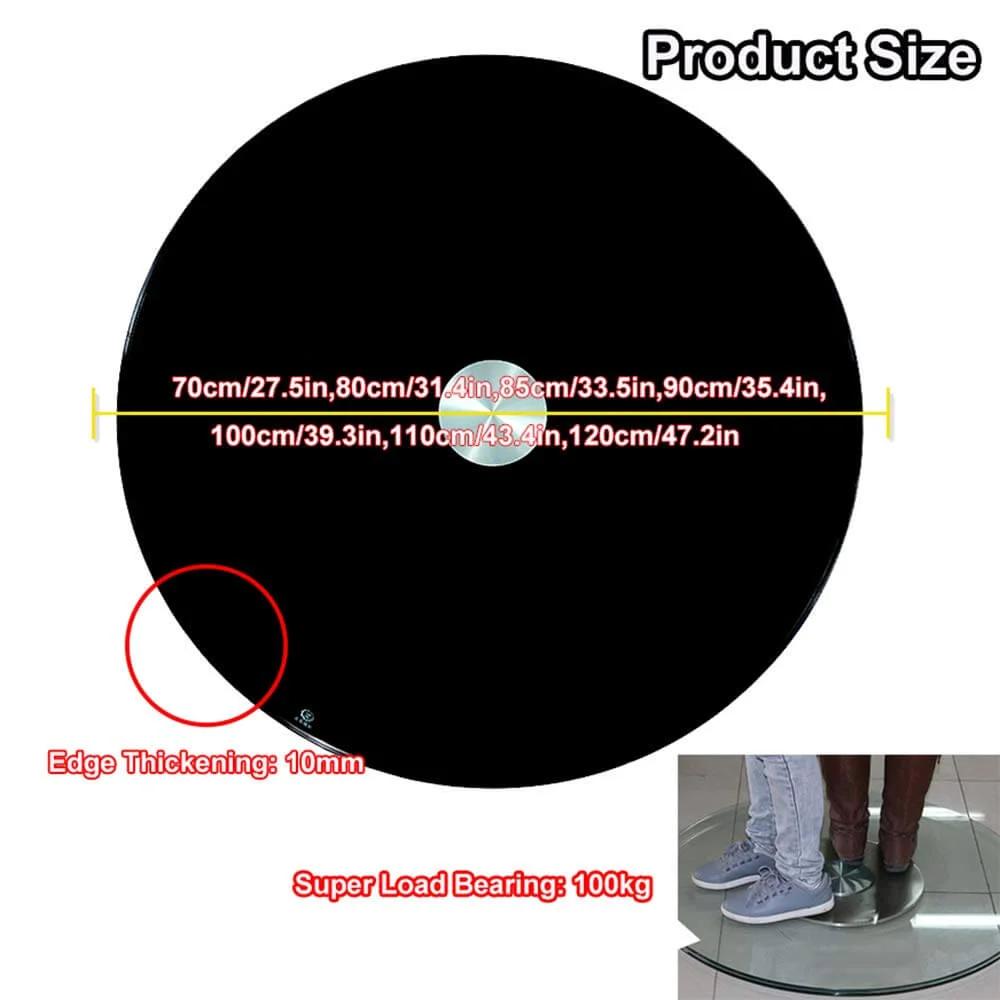 Heavy Duty Black Glass Lazy Susan Turntable with size dimensions and load bearing capacity details.