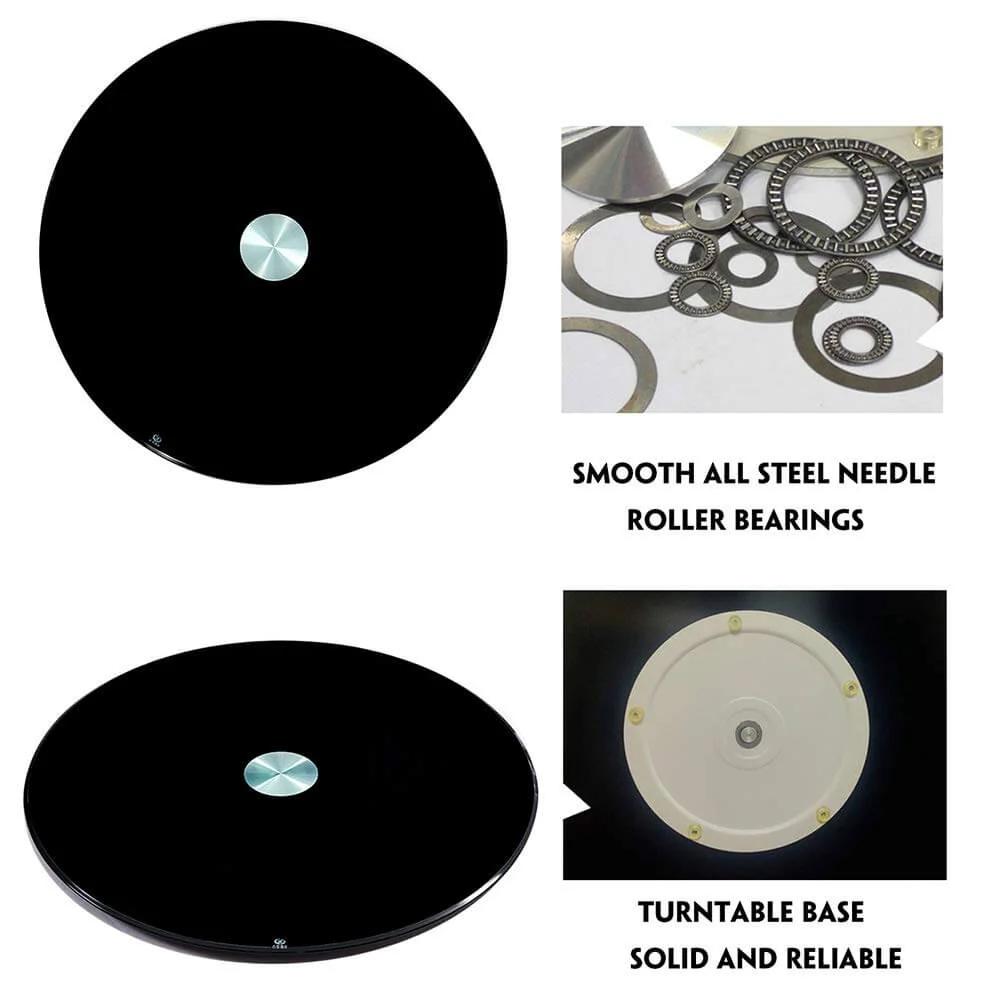 Heavy Duty Black Glass Lazy Susan Turntable with silent bearings, smooth rotating serving tray, sturdy base, perfect for tables.