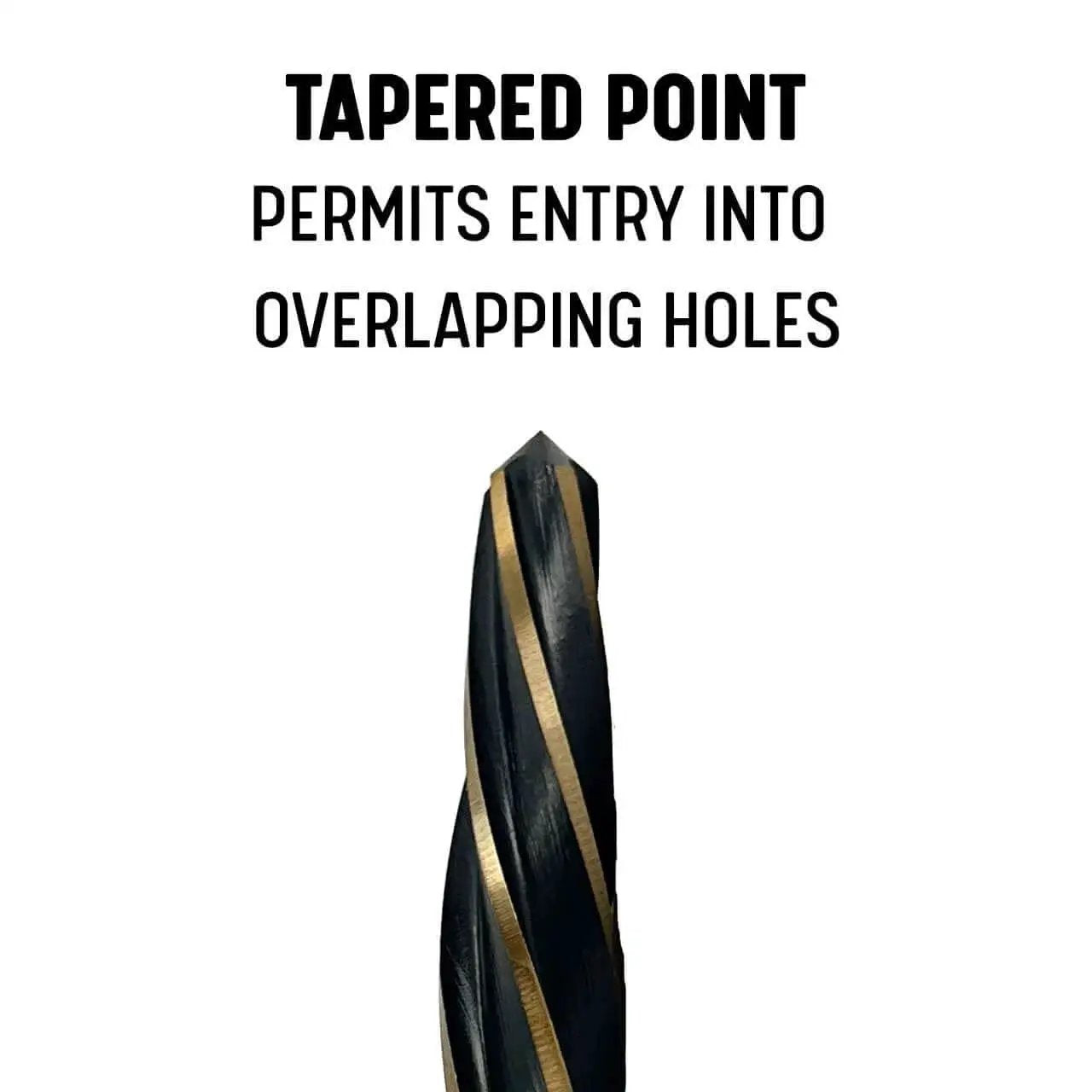 Tapered point of bridge reamer, black and gold finish, 5/8 inch diameter, for quick hole alignment in tight spots.