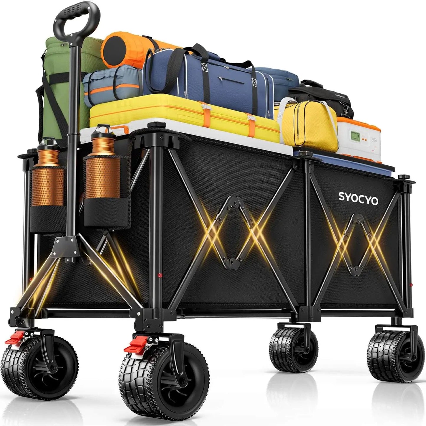 Heavy Duty Collapsible Wagon Cart With 570 Pound Capacity And Big All Terrain Wheels For Beach Camping Garden Grocery And Sports Foldable Utility Cart With Cup Holders Black loaded with camping gear