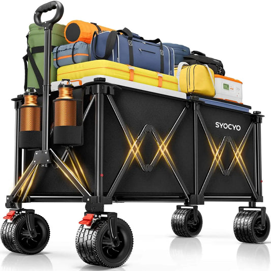 Heavy Duty Collapsible Wagon Cart With 570 Pound Capacity And Big All Terrain Wheels For Beach Camping Garden Grocery And Sports Foldable Utility Cart With Cup Holders Black loaded with camping gear