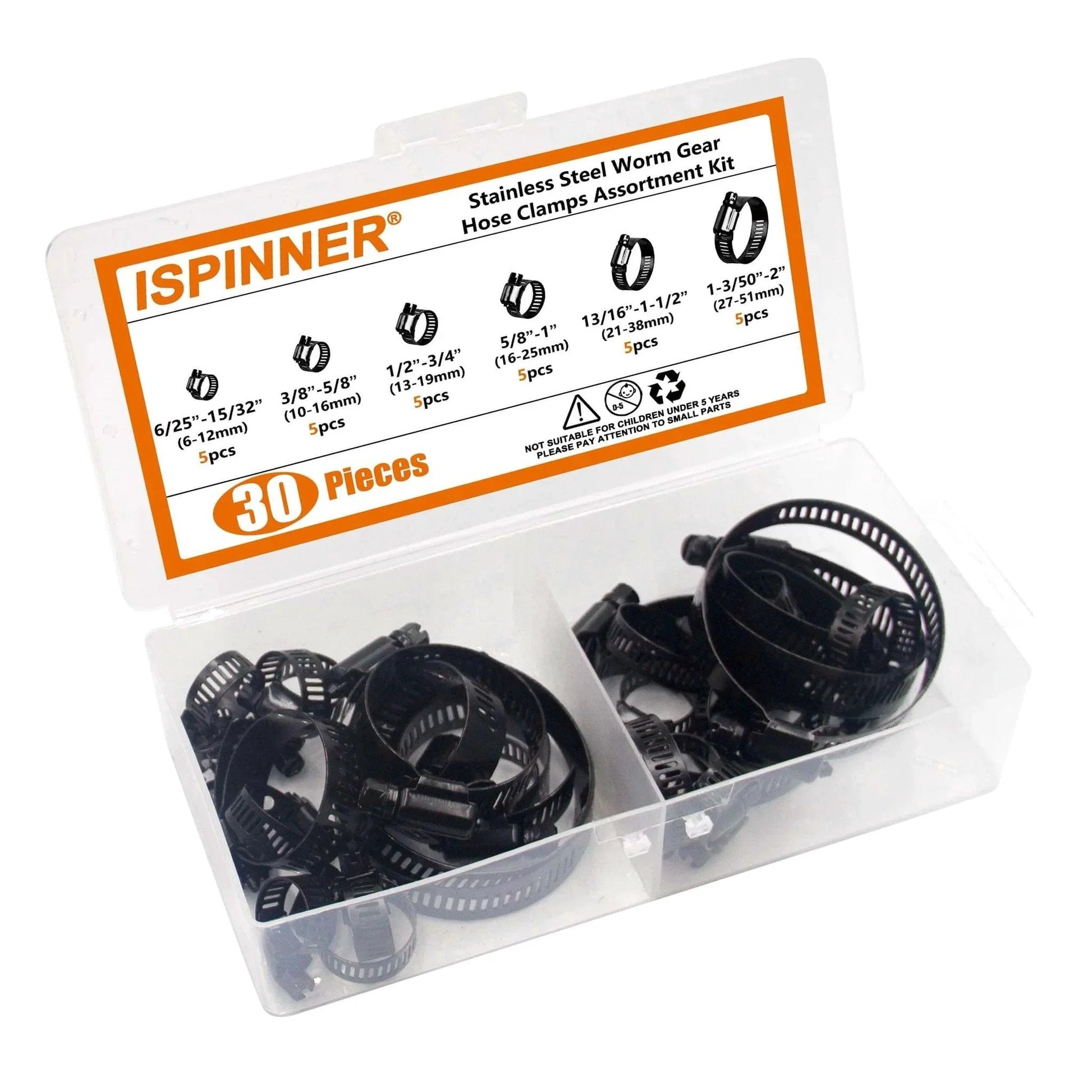 30 Pieces Black Hose Clamps Set With 6 To 51 Millimeters Adjustable Range 304 Stainless Steel Worm Gear Hose Clamps Assortment Kit Six Sizes For Plumbing Automotive And Mechanical Applications in an open plastic case with six divided compartments and product details on the lid.