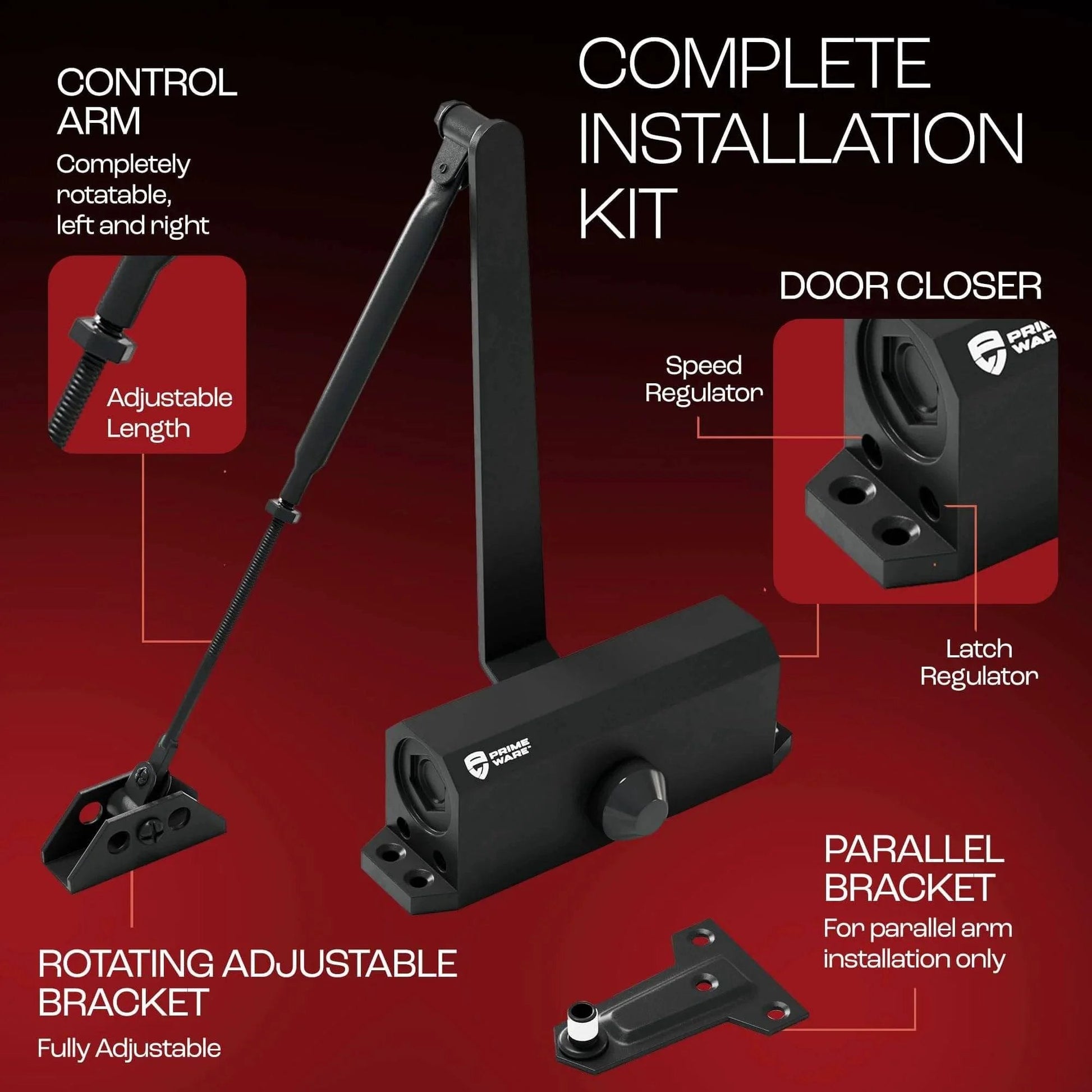 Automatic Adjustable Door Closers for Home - Soft Close, No Slam - Residential and Commercial Door Closer - Level 3 - Installation Kit