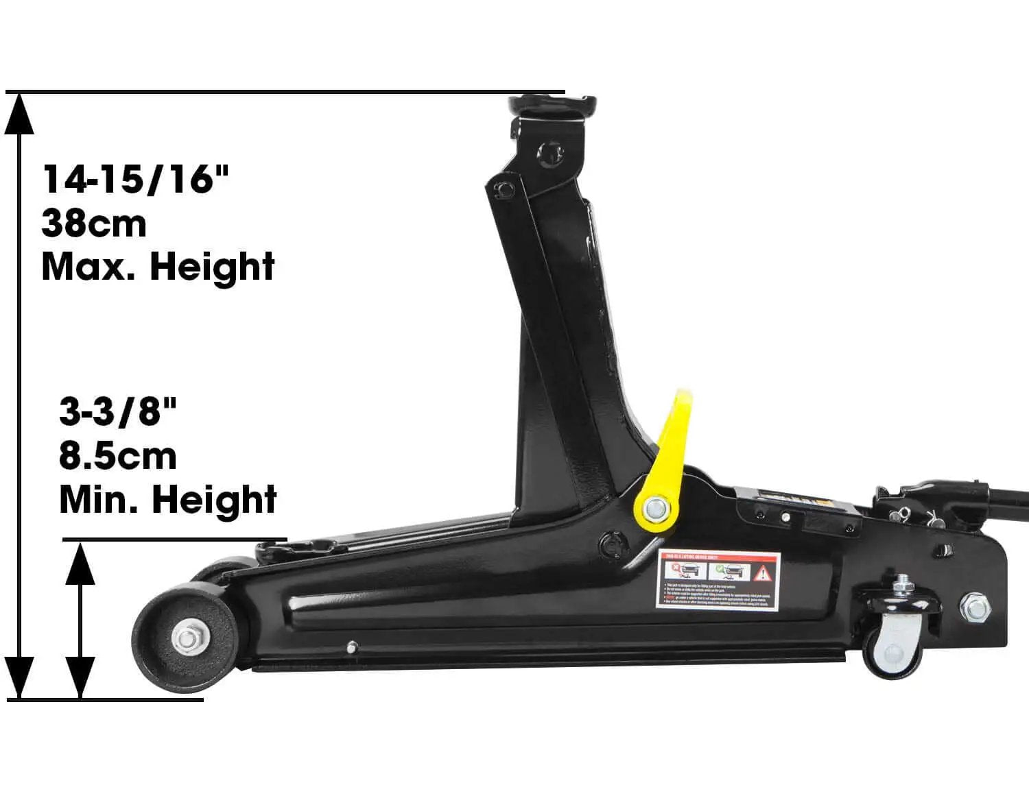 Side view of Low Profile Hydraulic Floor Jack 2.5 Ton With Quick Lift Pump Trolley Style Beefy Heavy Duty Steel Build 5000 Lb Capacity
