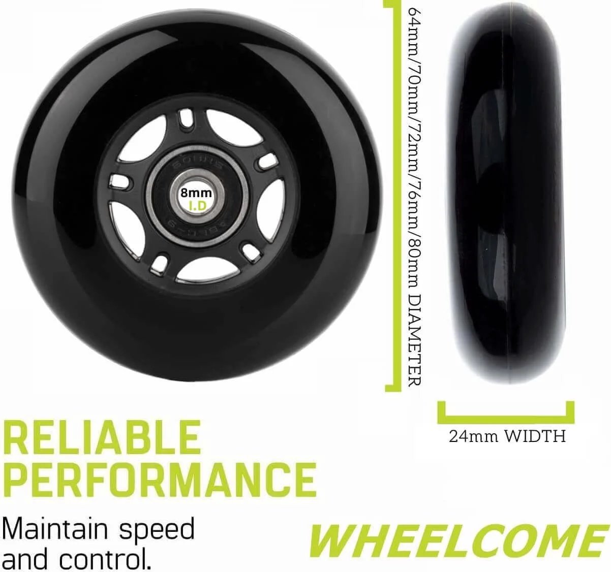 Inline Skate Wheels Outdoor & Indoor Blade Roller Skate Wheels 85a Roller Hockey Wheels w/Bearings ABEC-9 for Scooter Luggage Repair, side and front view.