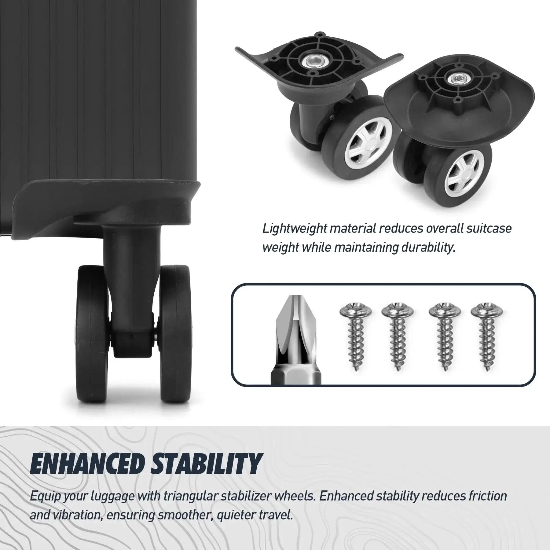 Replacement Luggage Swivel Caster Wheels Pair With 360 Degree Rubber Trolley Wheel Kit For Suitcases Repair And Travel Durable And Load Bearing With Premium PVC Rubber Metal Construction For Heavy Luggage And Smooth Quiet Rolling DL130 shown with screws and suitcase edge.